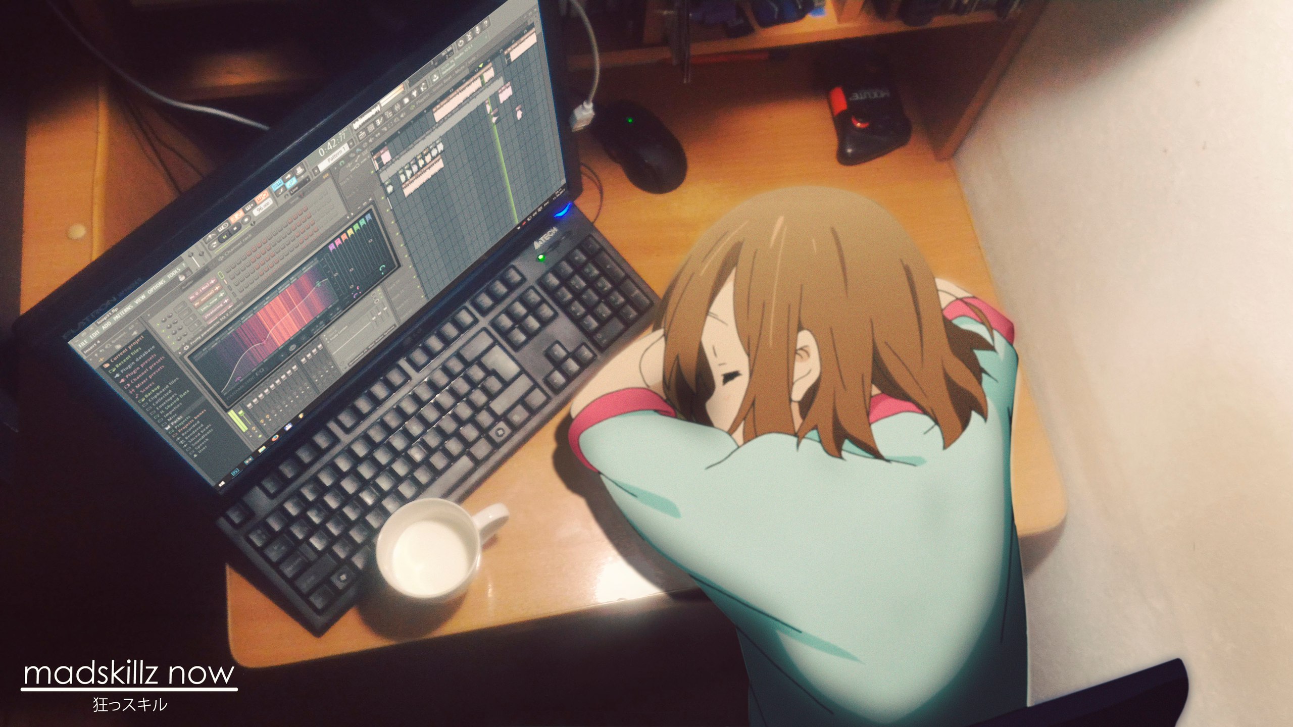 Anime Girls K ON Hirasawa Yui Sleeping Watermarked Resting Head Rest 2D Computer Coffee Cup Brunette 2560x1440