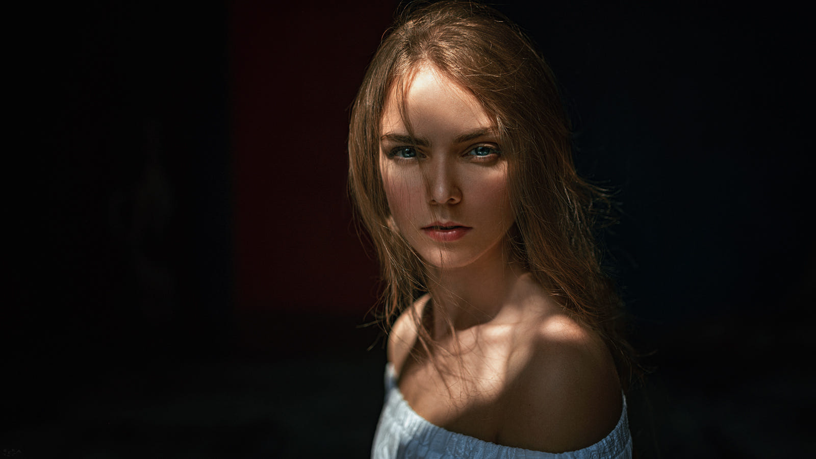 Women Blue Eyes Redhead Brunette Portrait Bare Shoulders Hair In Face Dappled Sunlight Long Hair 1600x900