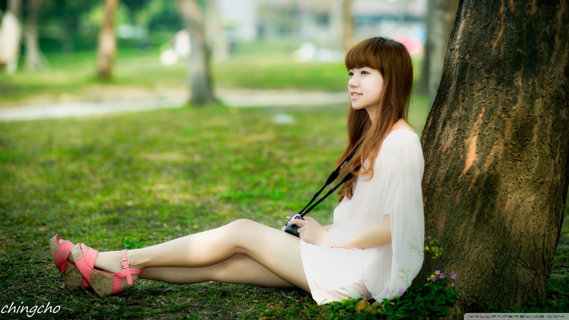 Women Asian Brunette Long Hair Profile White Dress Platform Shoes Smiling Women Outdoors Chingcho 1920x1080