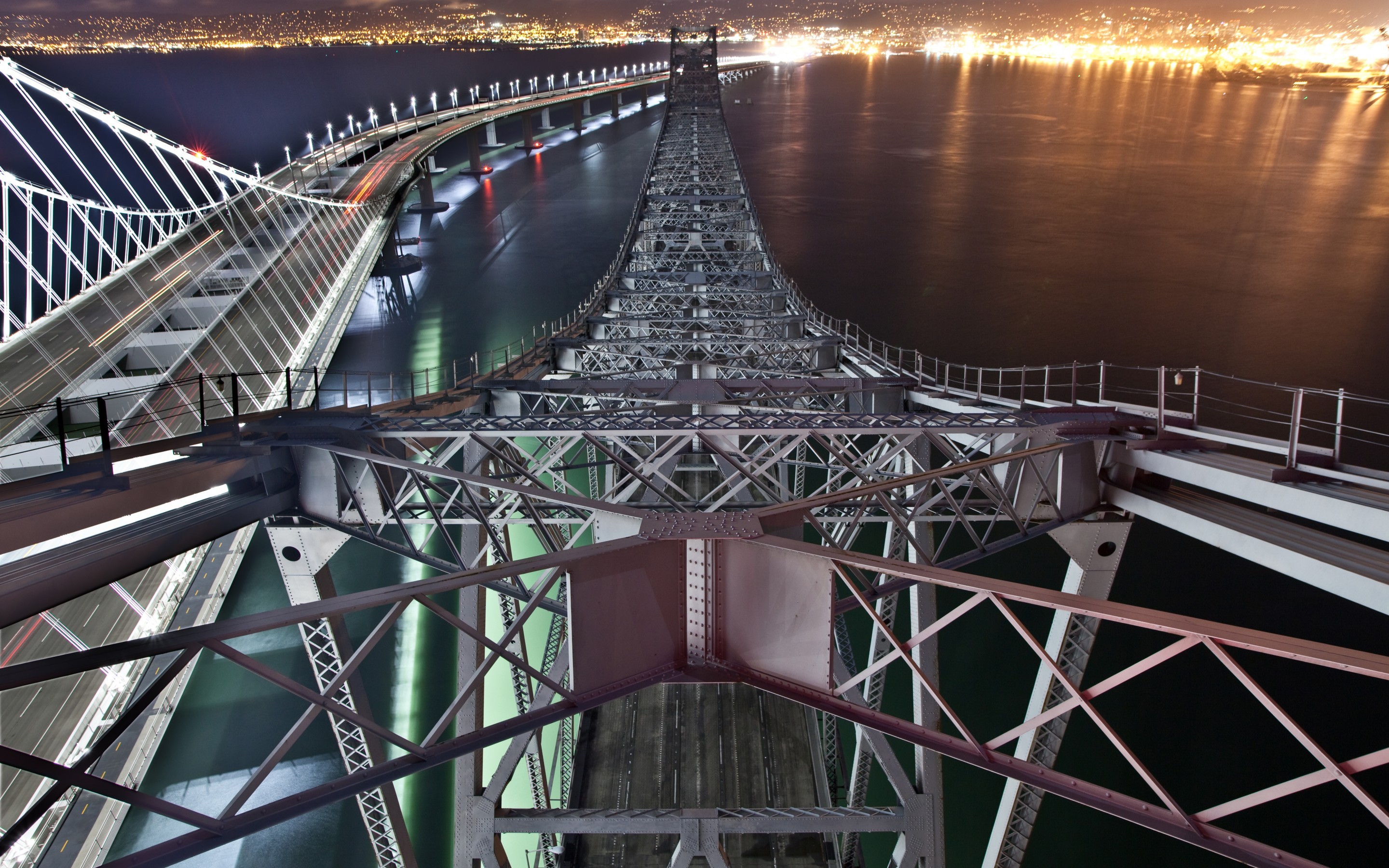 Architecture San Francisco Bay USA Bridge Metal Construction Water Sea Night Cityscape Lights Light  2880x1800
