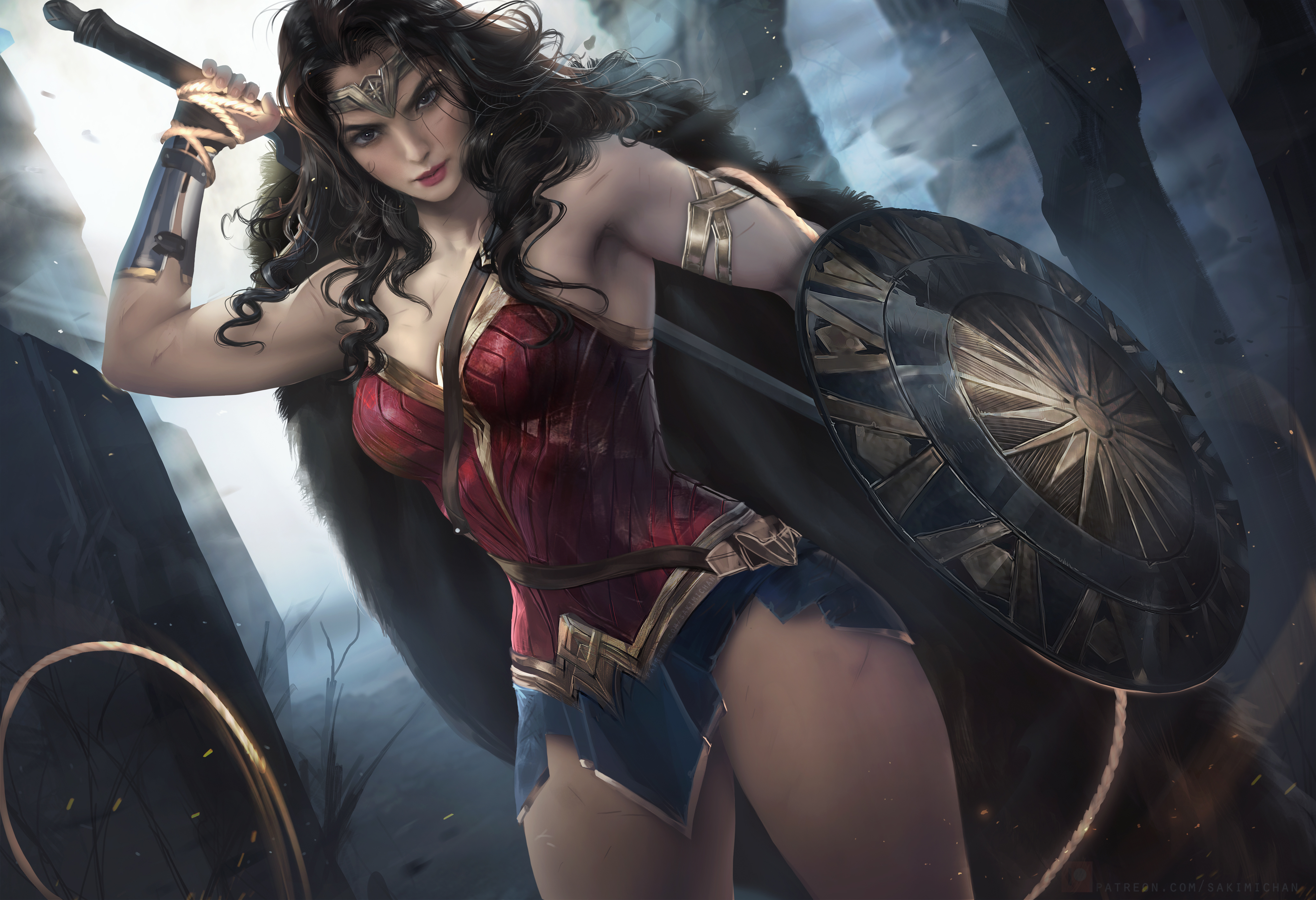 Wonder Woman Women Digital Art Comics Justice League Shield Warrior Whips DC Comics Dceu Brunette Mo 4126x2823
