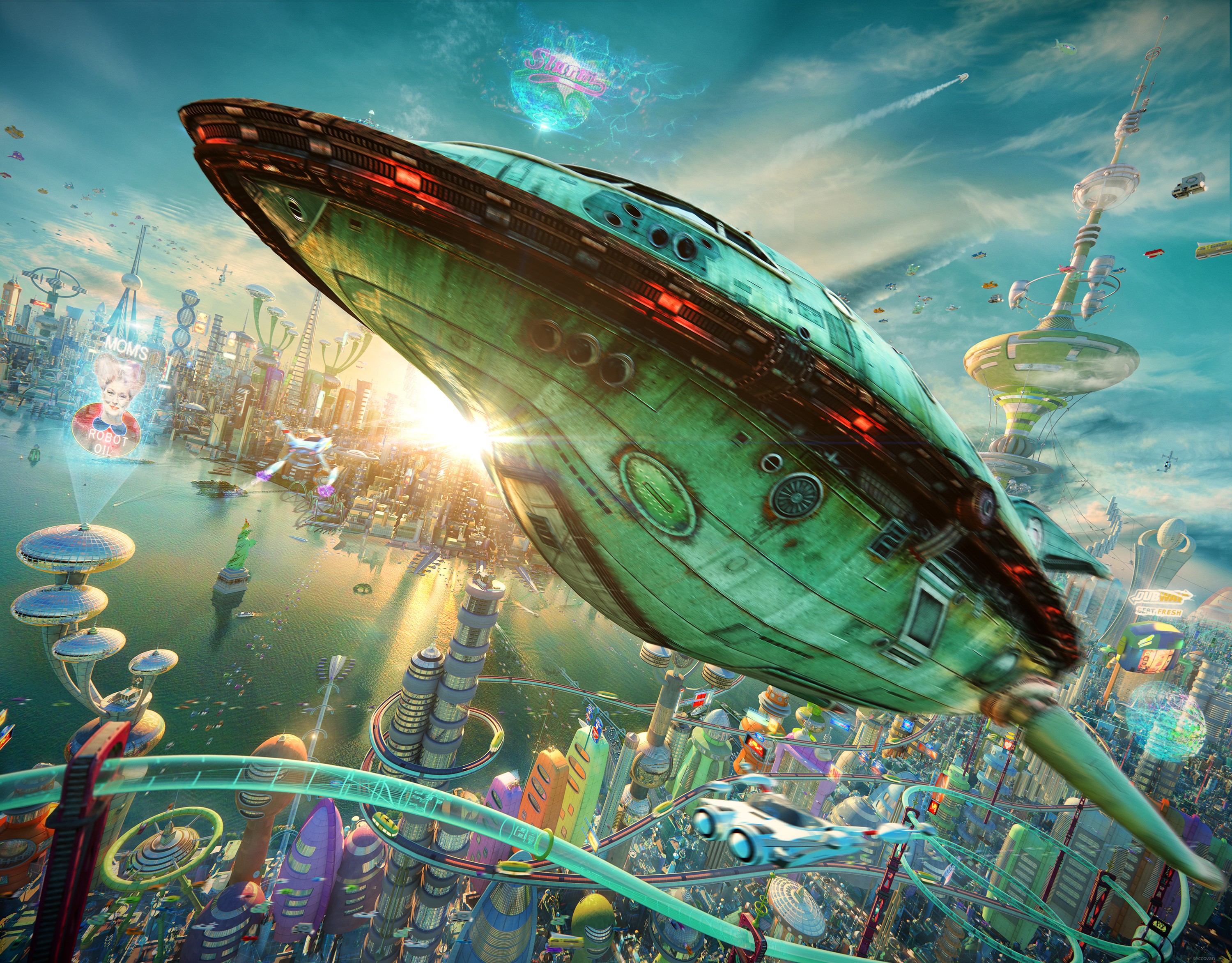 Futurama Realistic 3D Rocket Planet Express Spaceship Futuristic City 3000x2344