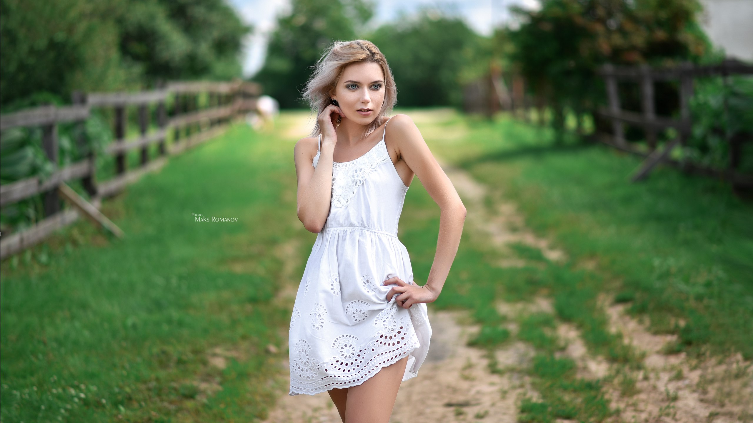 Women Maksim Romanov Blonde Portrait White Dress Depth Of Field Women Outdoors Looking Away 2560x1440