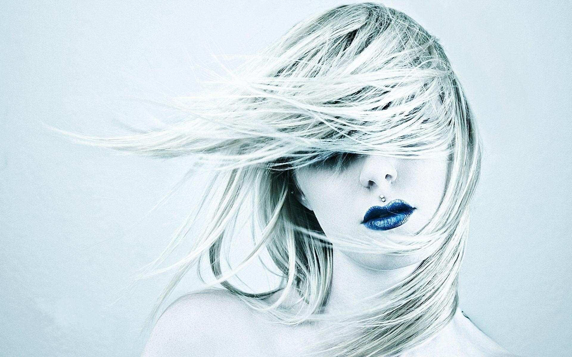 Women Face Selective Coloring Hair Blue Lipstick Simple Background 1920x1200