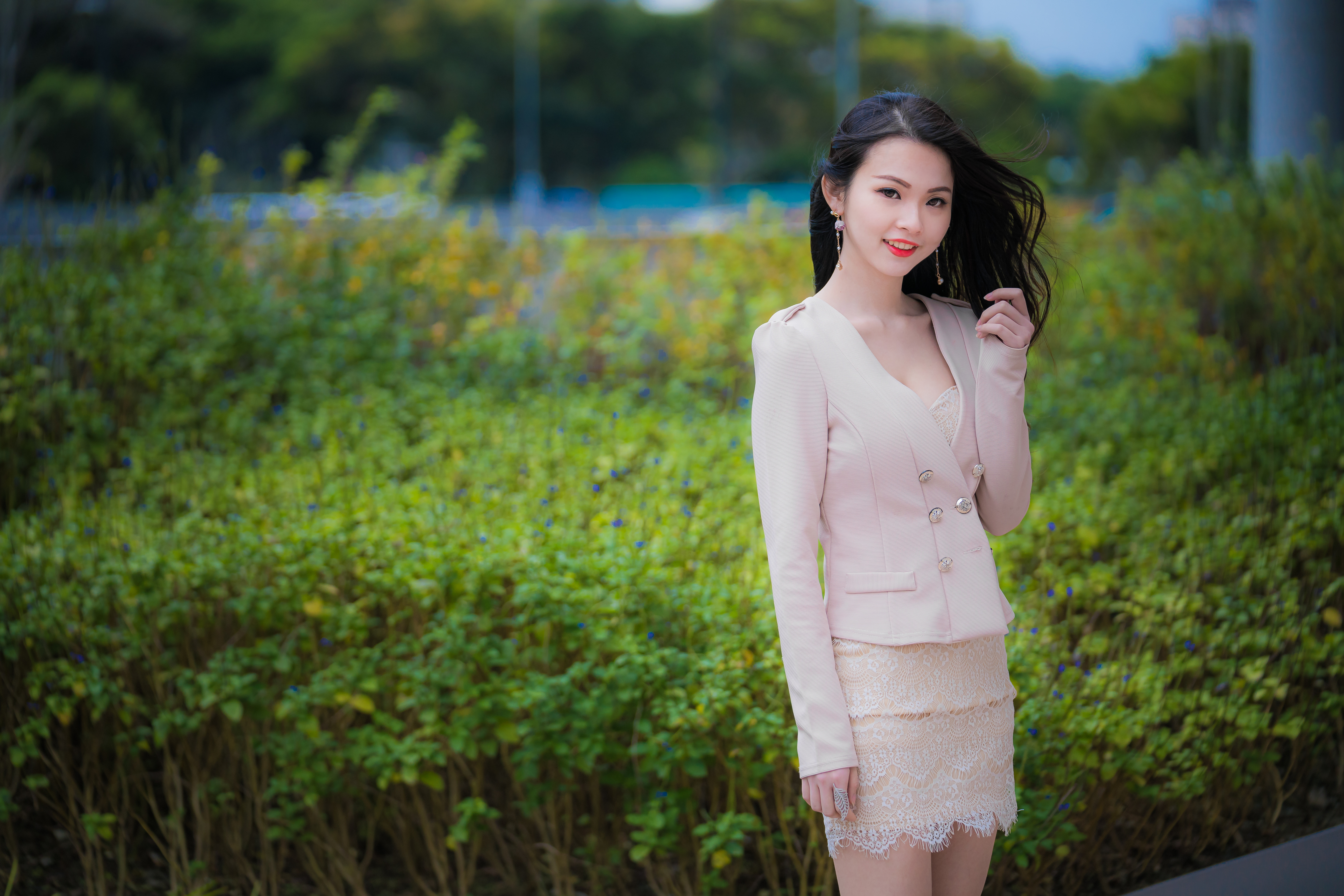 Asian Model Long Hair Depth Of Field Black Hair White Skirt Blouse Blazer Earring Rings Red Lipstick 4562x3043