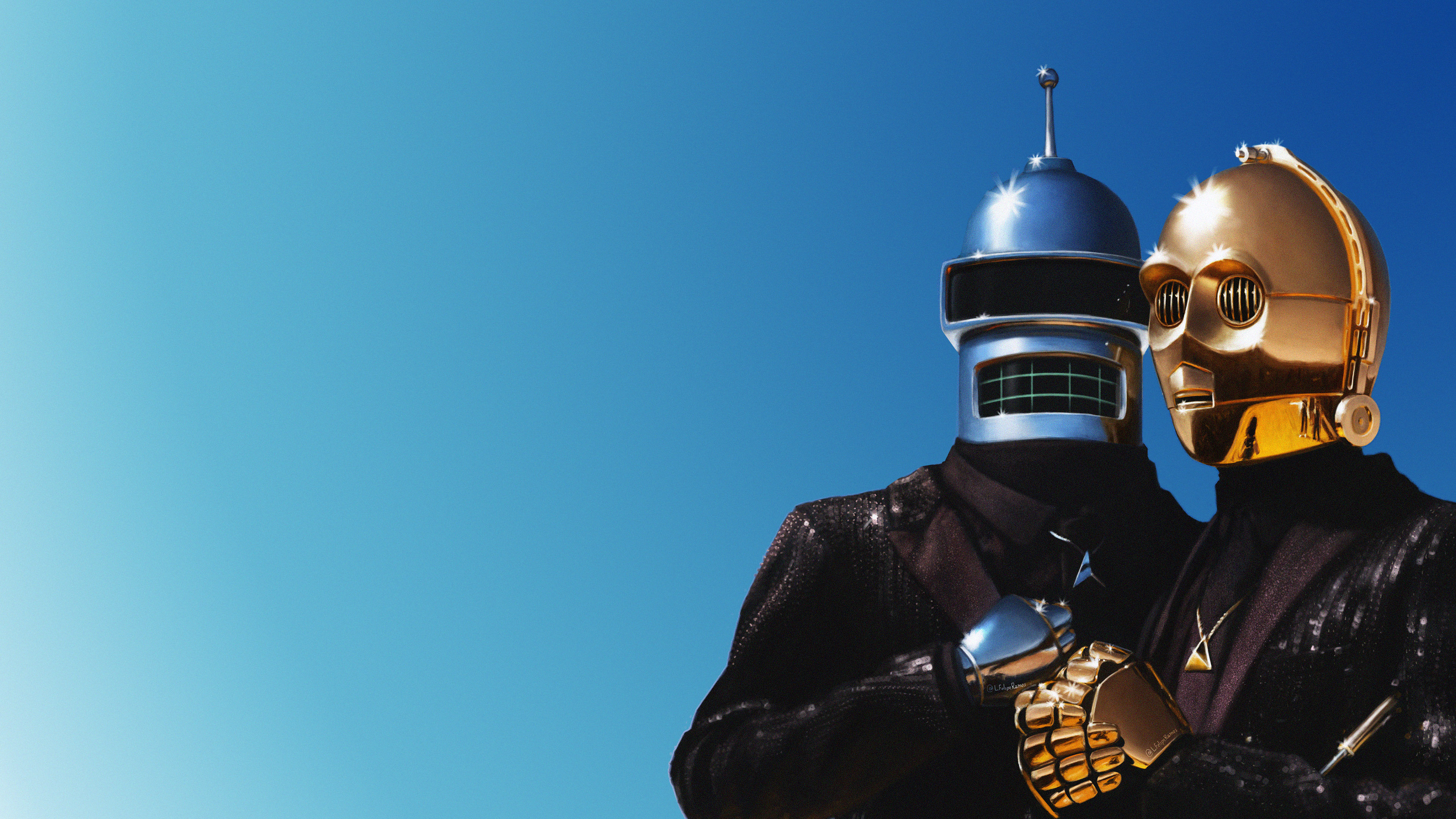 Daft Punk Bender Music Sky Silver Gold C 3PO Crossover Humor 3840x2160