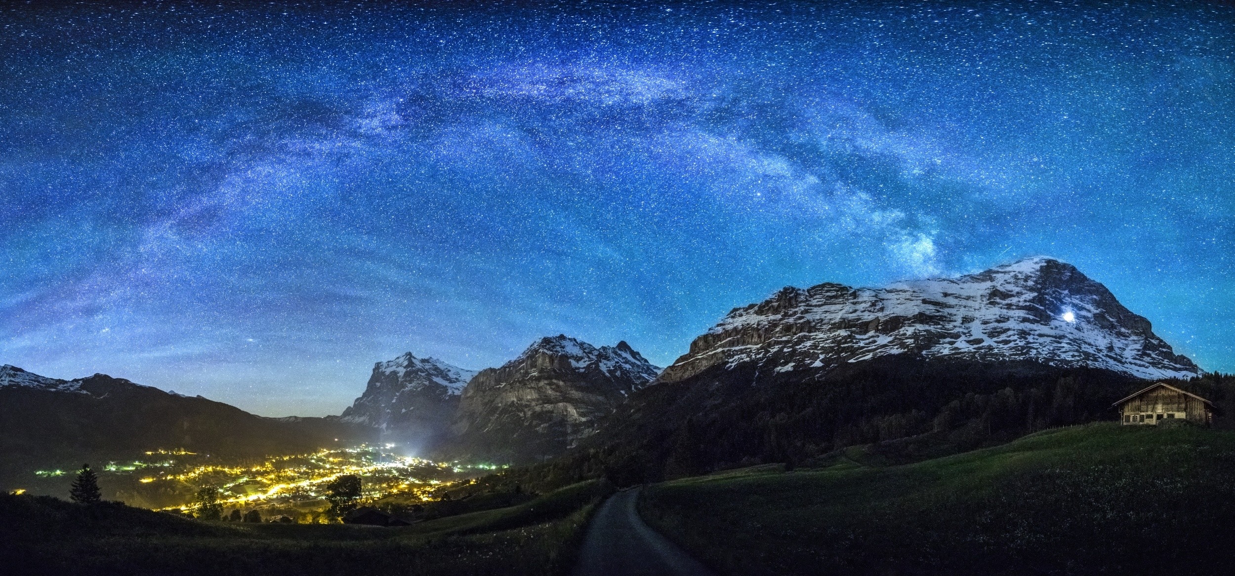 Nature Landscape Mountains Stars Panoramas Road Milky Way Lights Switzerland Snowy Peak Sky Galaxy F 2500x1167