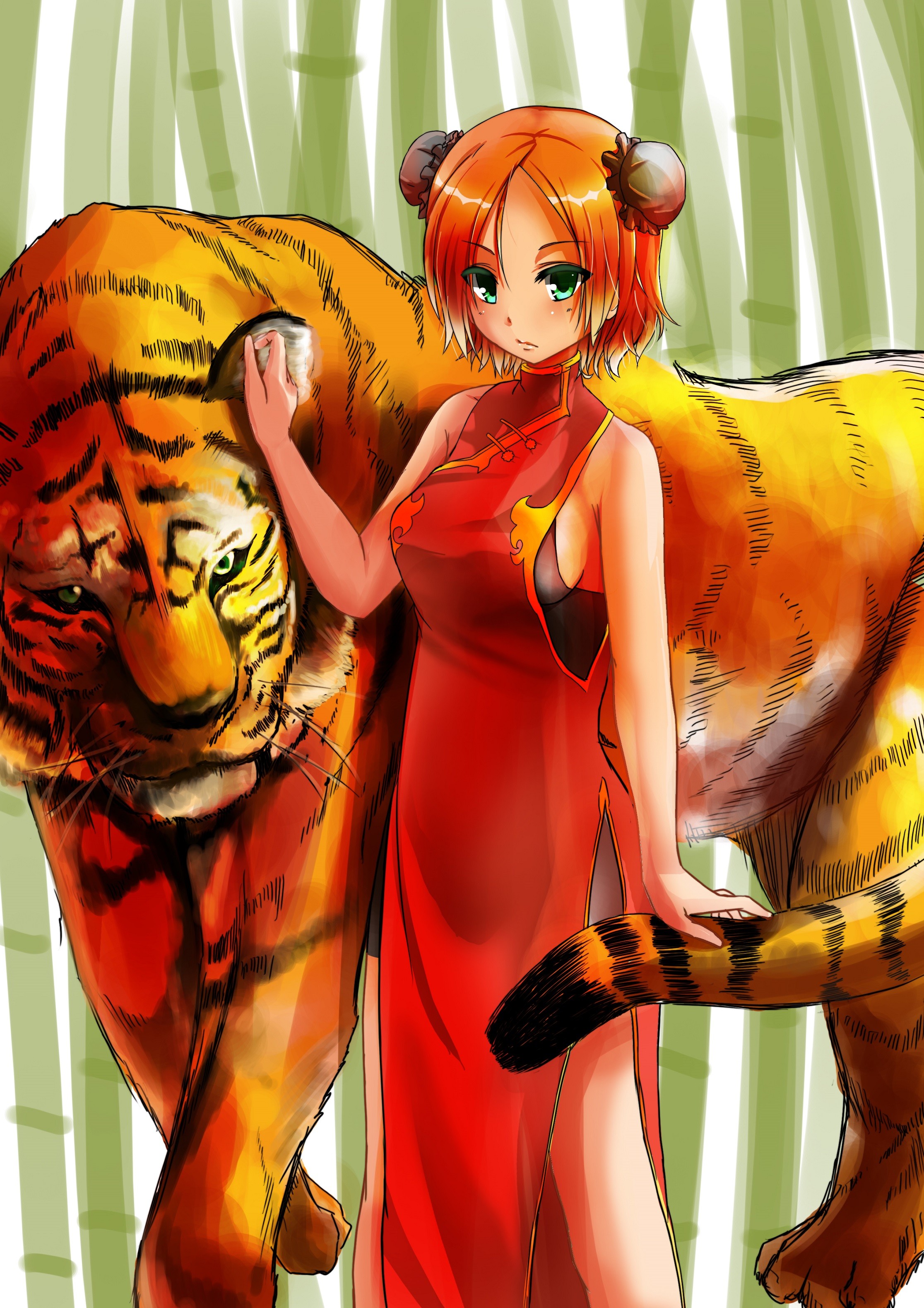 Anime Anime Girls Tiger Short Hair Redhead Green Eyes Chinese Dress Cheongsam 2232x3158