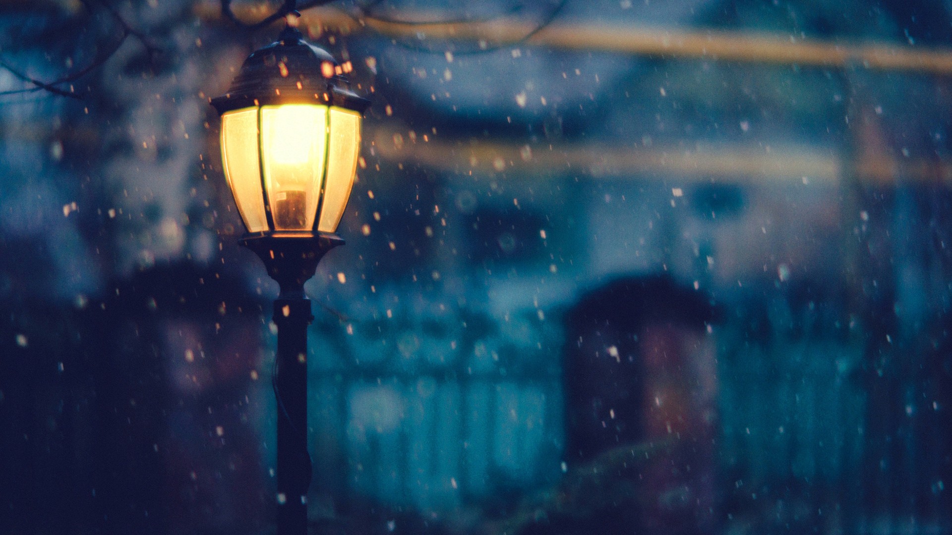 Urban Snow Lantern Street Light Night Winter Snowflakes Emotion Blurred 1920x1080