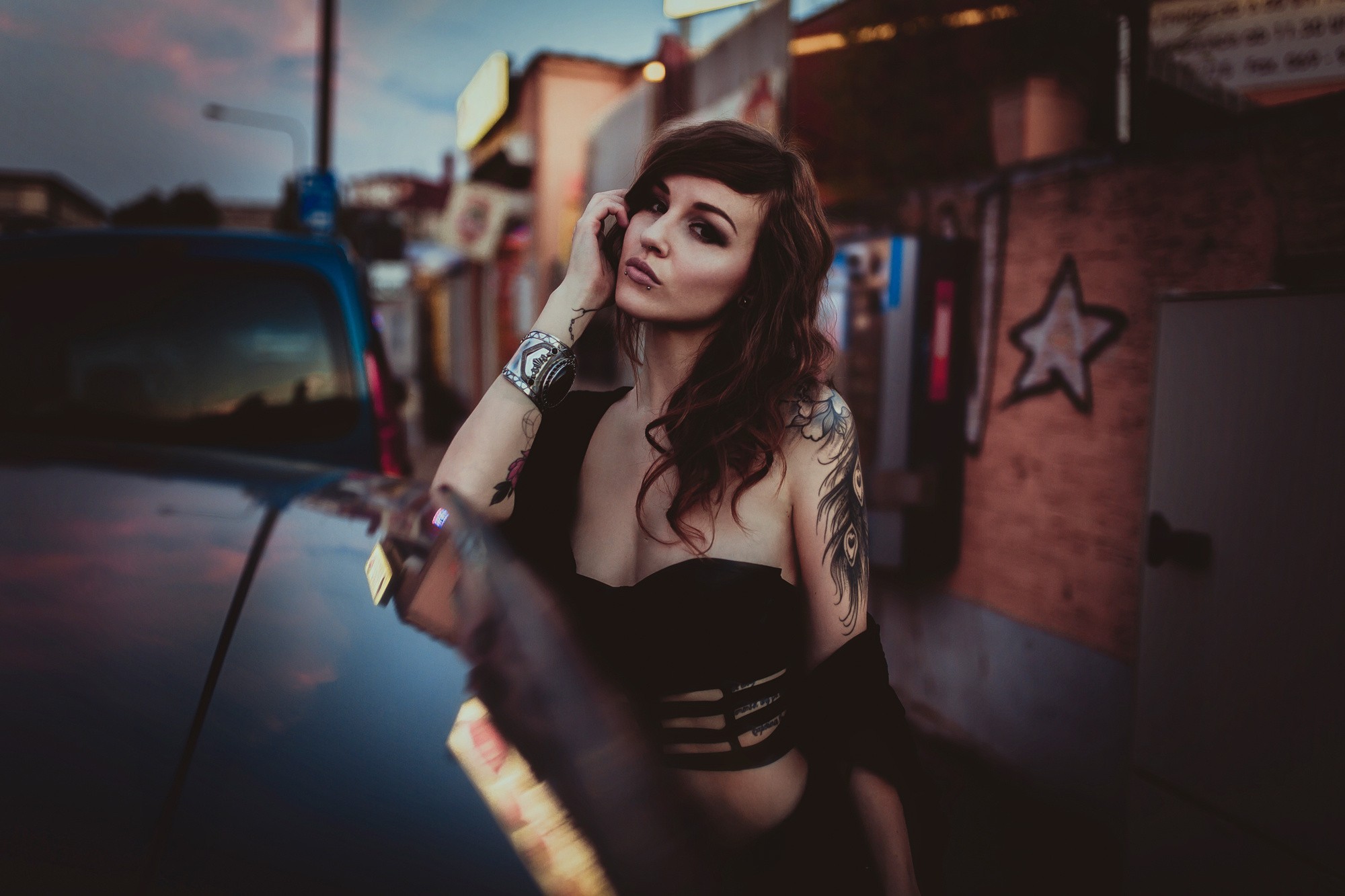 Brunette Women Dark Eyes Tattoo Pierced Lip Black Clothing Bare Shoulders Women Outdoors Portrait Jo 2000x1333