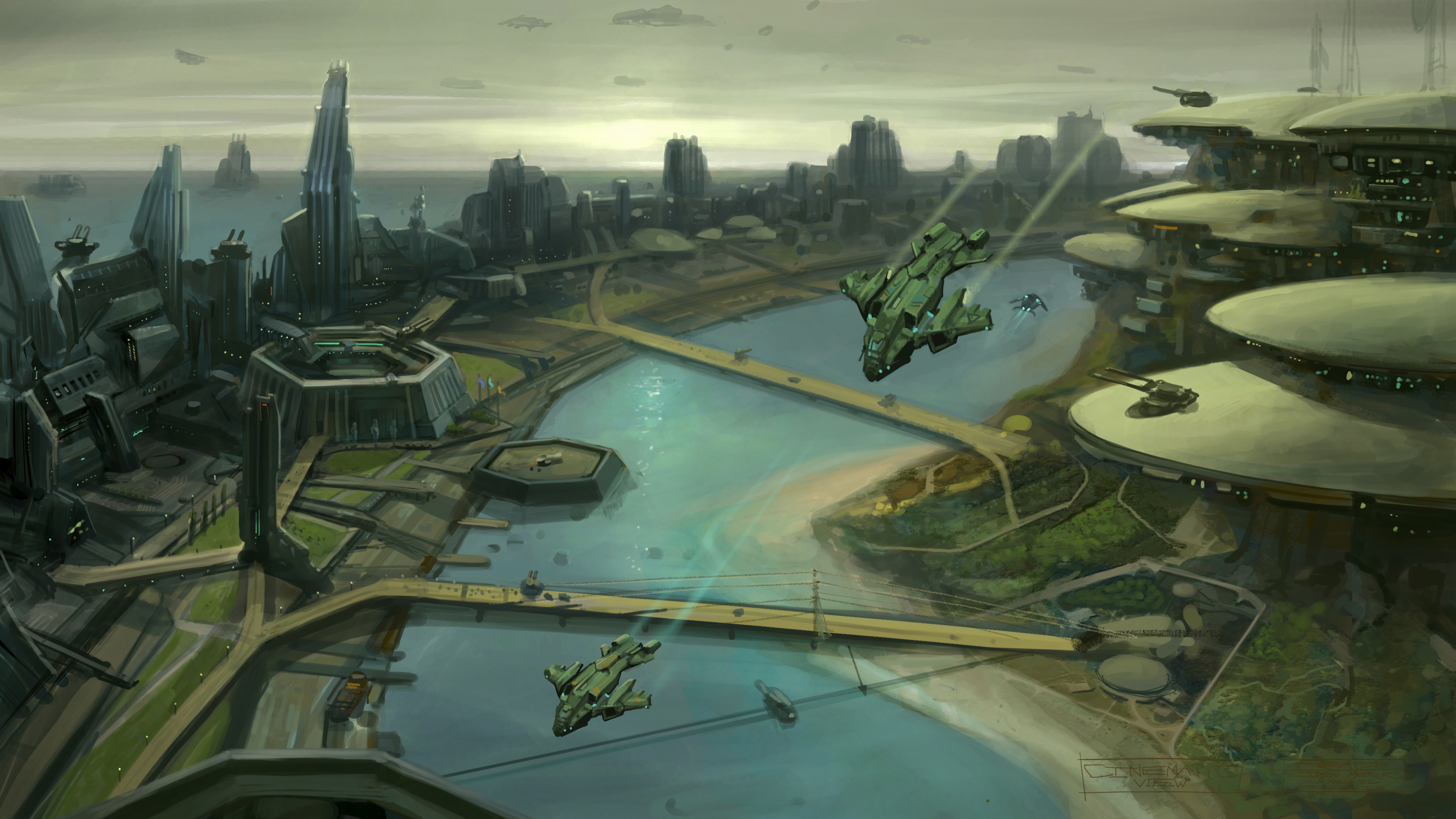 Digital Art Fantasy Art Futuristic Video Games Halo Wars Landscape Cityscape Spaceship Flying River  4800x2700