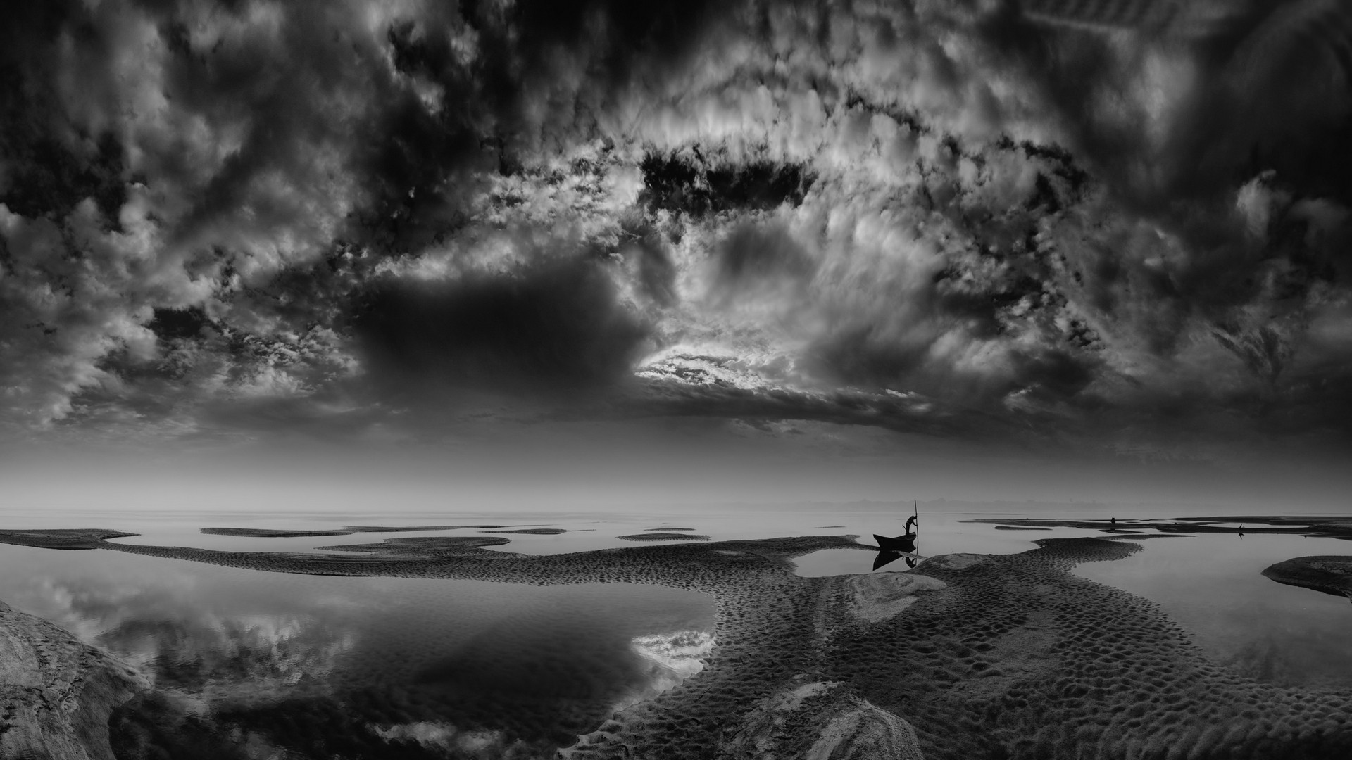 Landscape Nature Clouds River Bangladesh Monochrome Boat Water 1920x1080