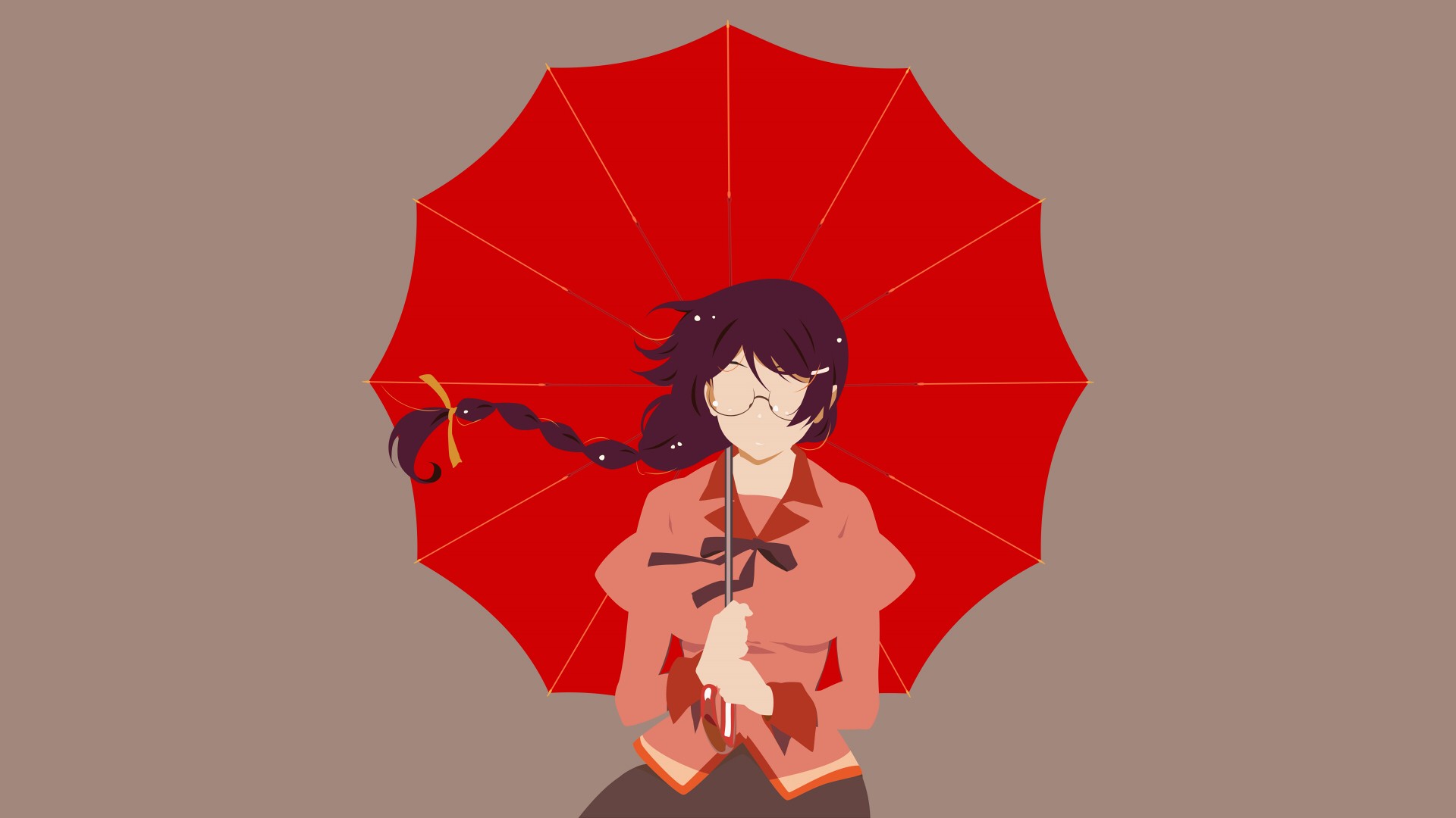 Monogatari Series Hanekawa Tsubasa Umbrella Minimalism Anime Girls Simple Background Glasses Women W 1920x1080