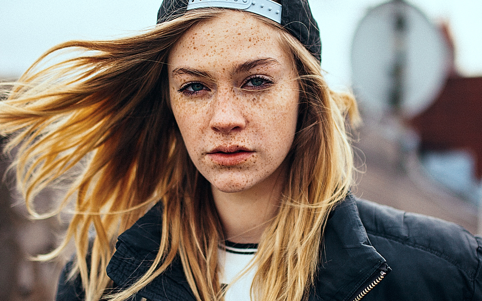 Women Blonde Blue Eyes Baseball Caps Open Mouth Freckles Looking At Viewer Andre Josselin 2048x1279