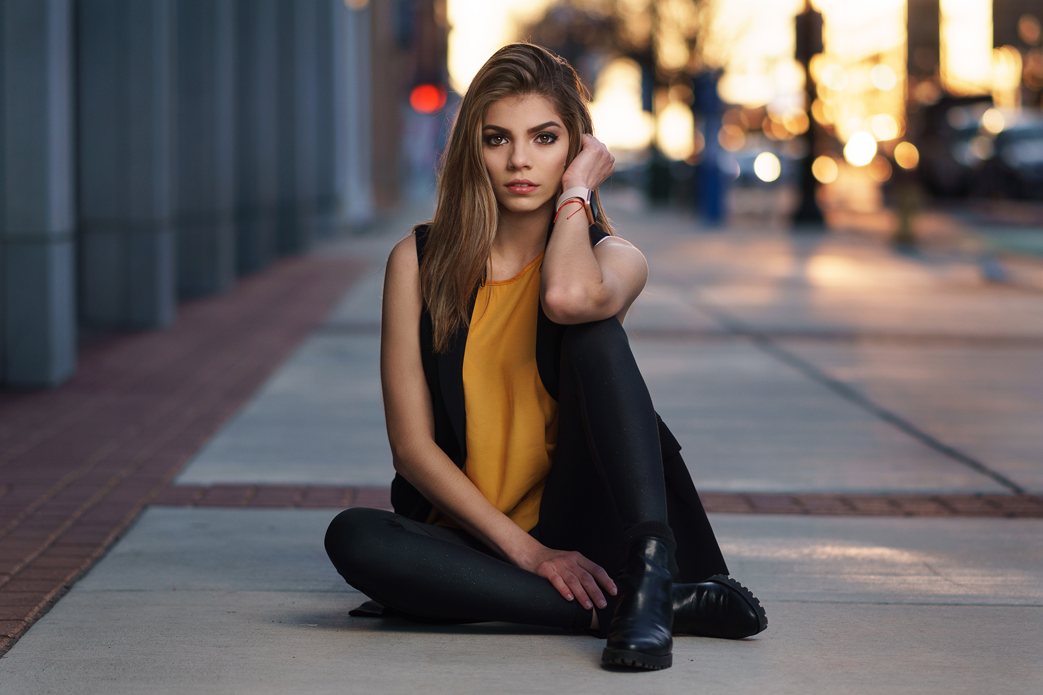 Women Model Portrait Brunette Brown Eyes Open Mouth Vest Orange Shirts Sitting Women Outdoors Hands  2048x1365