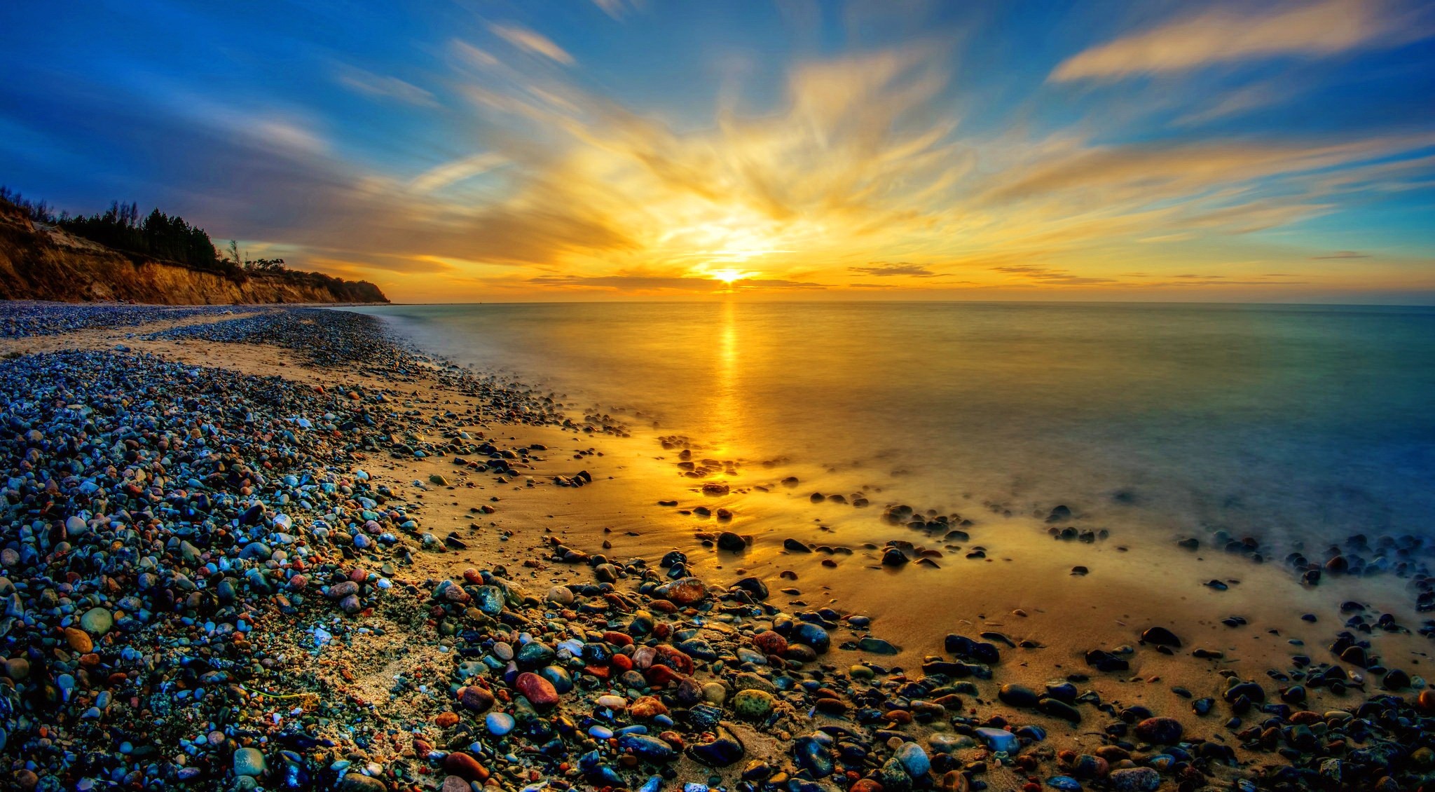 Earth Sunset Sky Cloud Beach Ocean Sea Pebbles Horizon 2048x1130