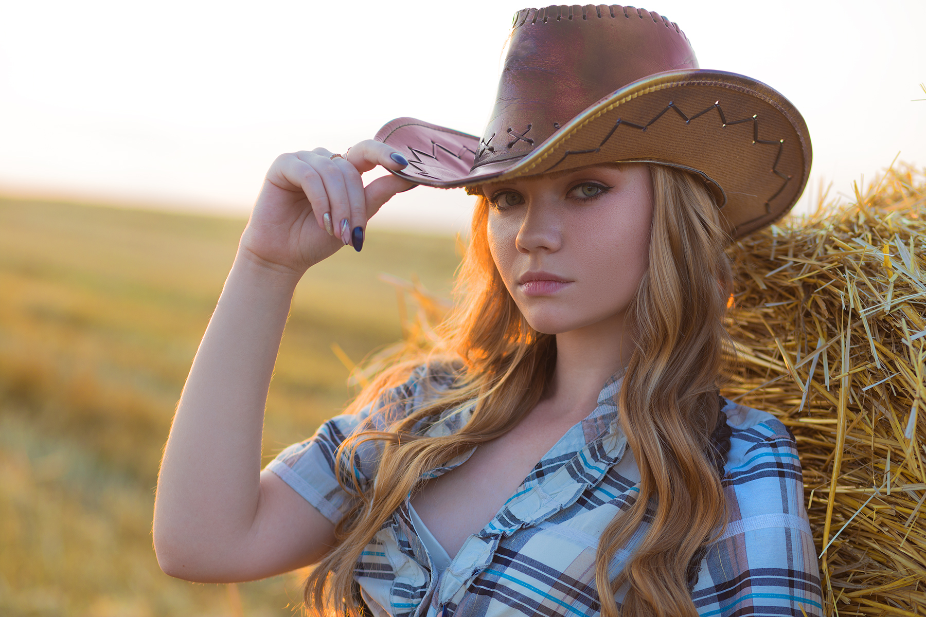 Women Blonde Plaid Shirt Hay Cowboy Hats Portrait Women Outdoors Women With Hats Cowgirl Green Eyes  1800x1200