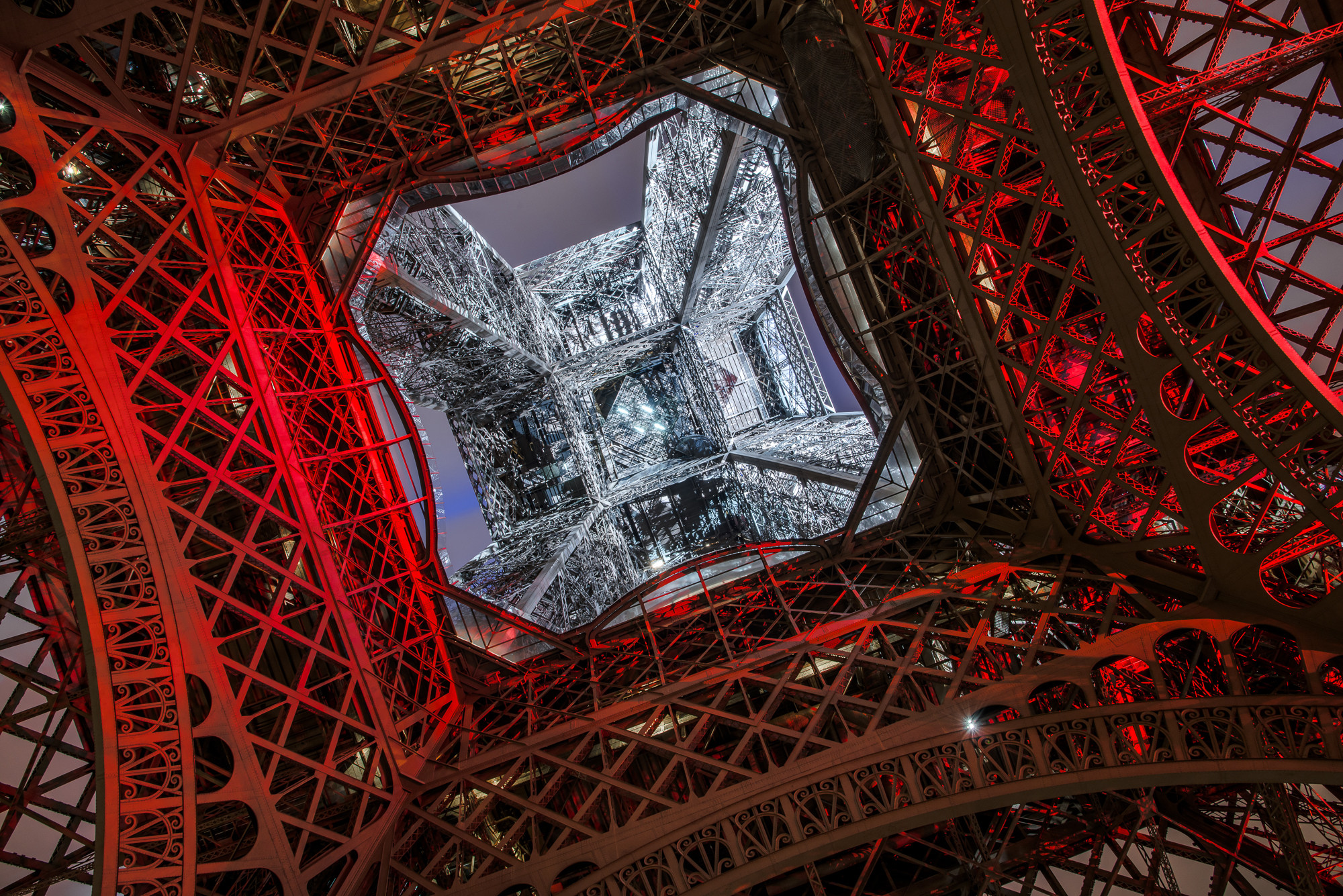 Architecture Tower Eiffel Tower Paris France Worms Eye View Metal Construction Night Red Light Red B 2000x1335