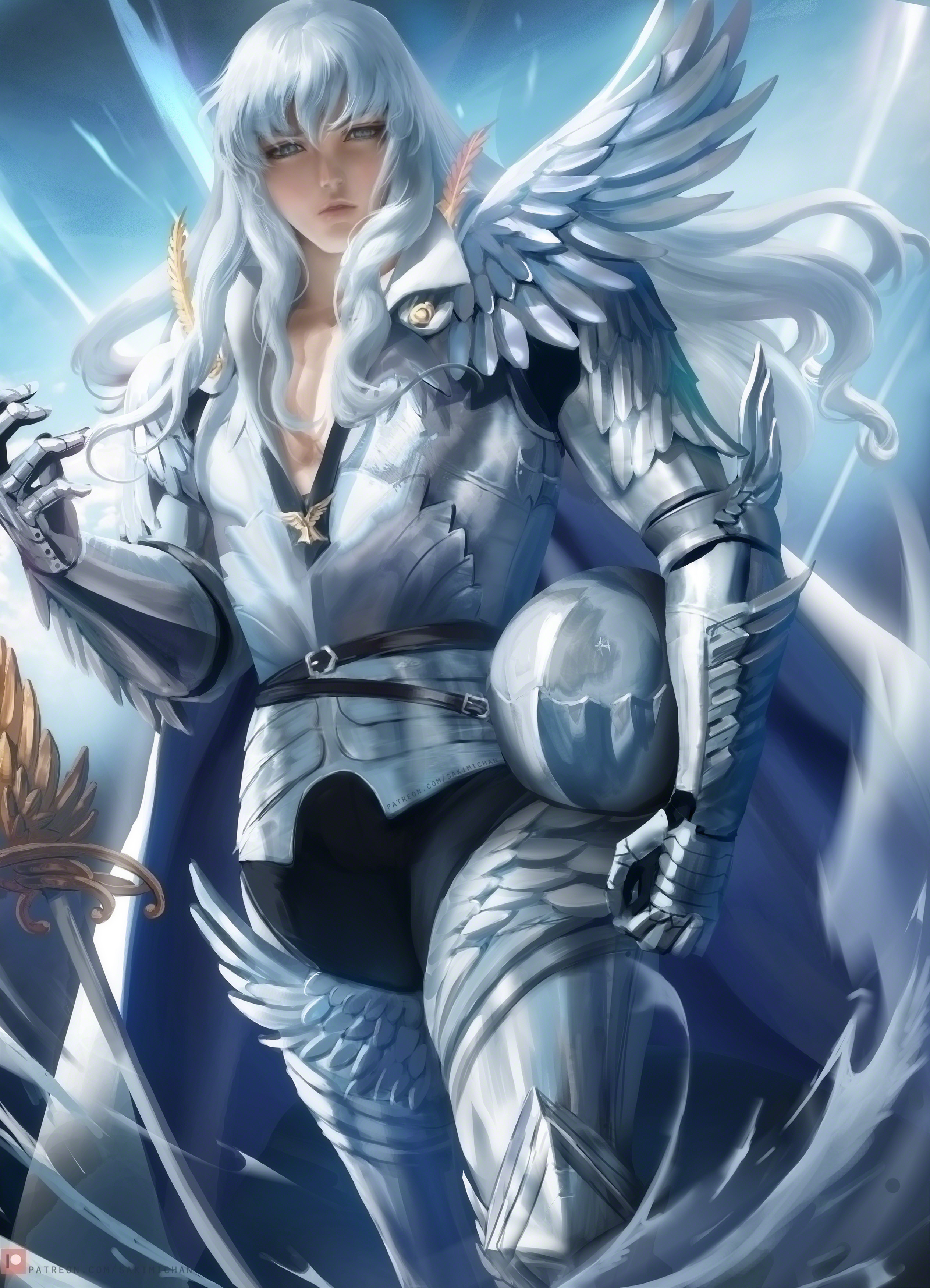 Berserk Anime Digital Art Artwork Men Armour White Hair Griffith Sakimichan Portrait Display 2528x3500