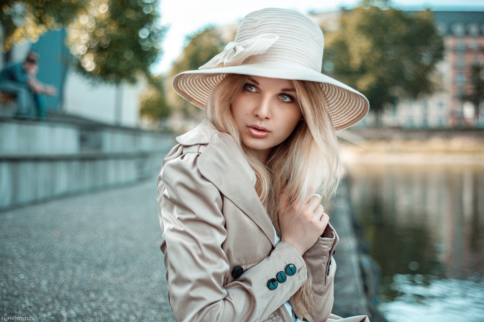Women Model Blonde Hat Face Portrait Blue Eyes Millinery Looking Away Women Outdoors White Coat Coat 2048x1363