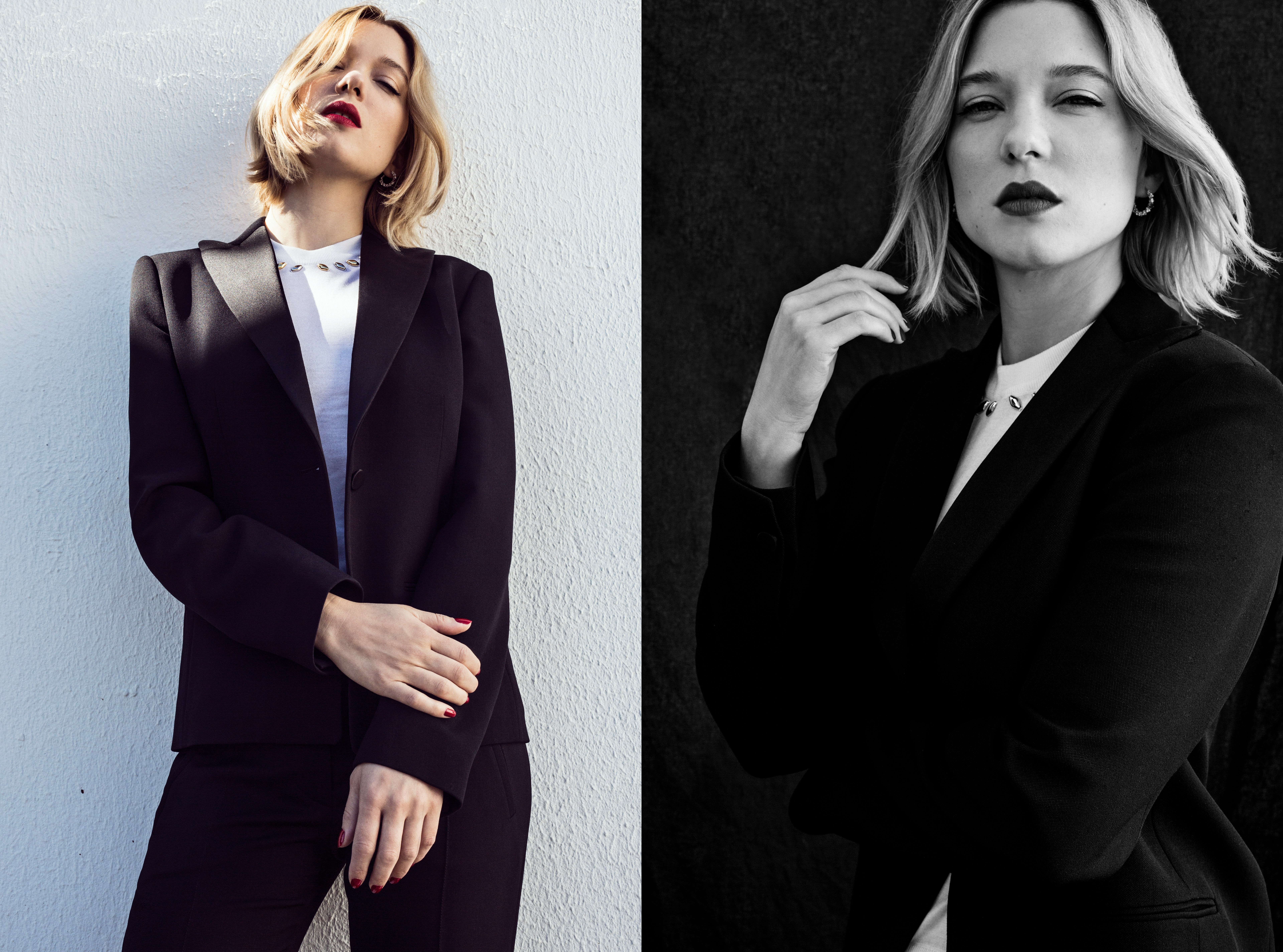 Lea Seydoux Actress Blonde Blue Eyes Red Lipstick White Shirt Black Suit Red Nails 7680x5700