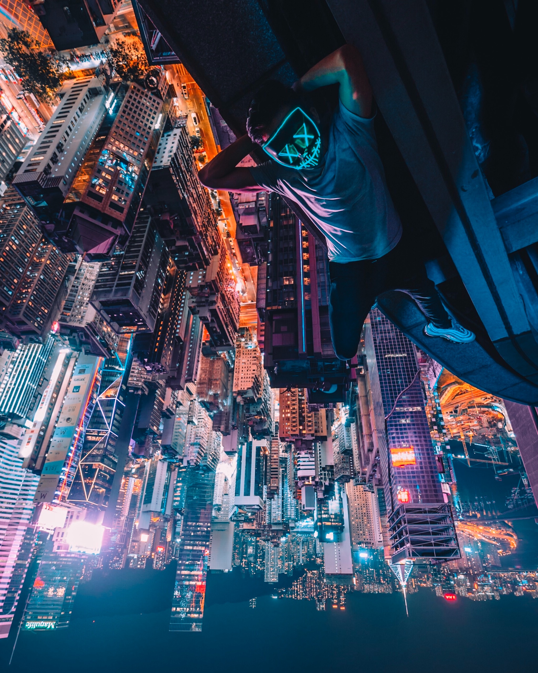 Simon Zhu Hong Kong Mask Neon Rooftops Skyscraper Urban Architecture Cityscape Night Nightscape City 2048x2560