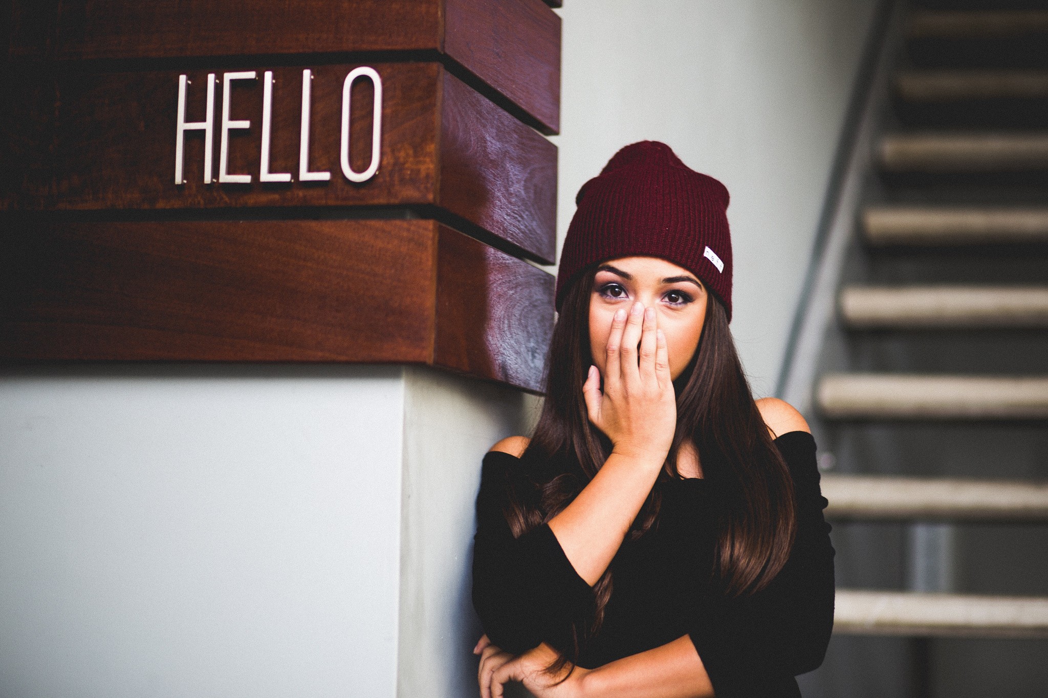 Women Portrait Brunette Women With Hats Toque Long Hair Black Sweater Covered Face Brown Eyes Coveri 2048x1365