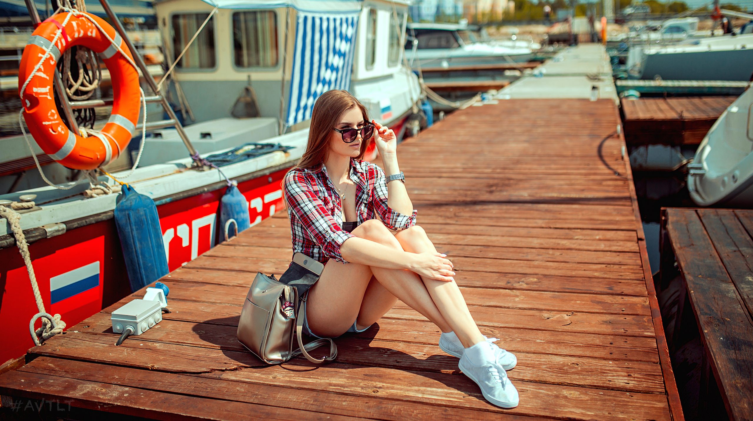 Women Blonde Plaid Shirt Boat Pier Sunglasses Sitting Sneakers Handbags Women Outdoors Aleksandr Suh 2560x1432