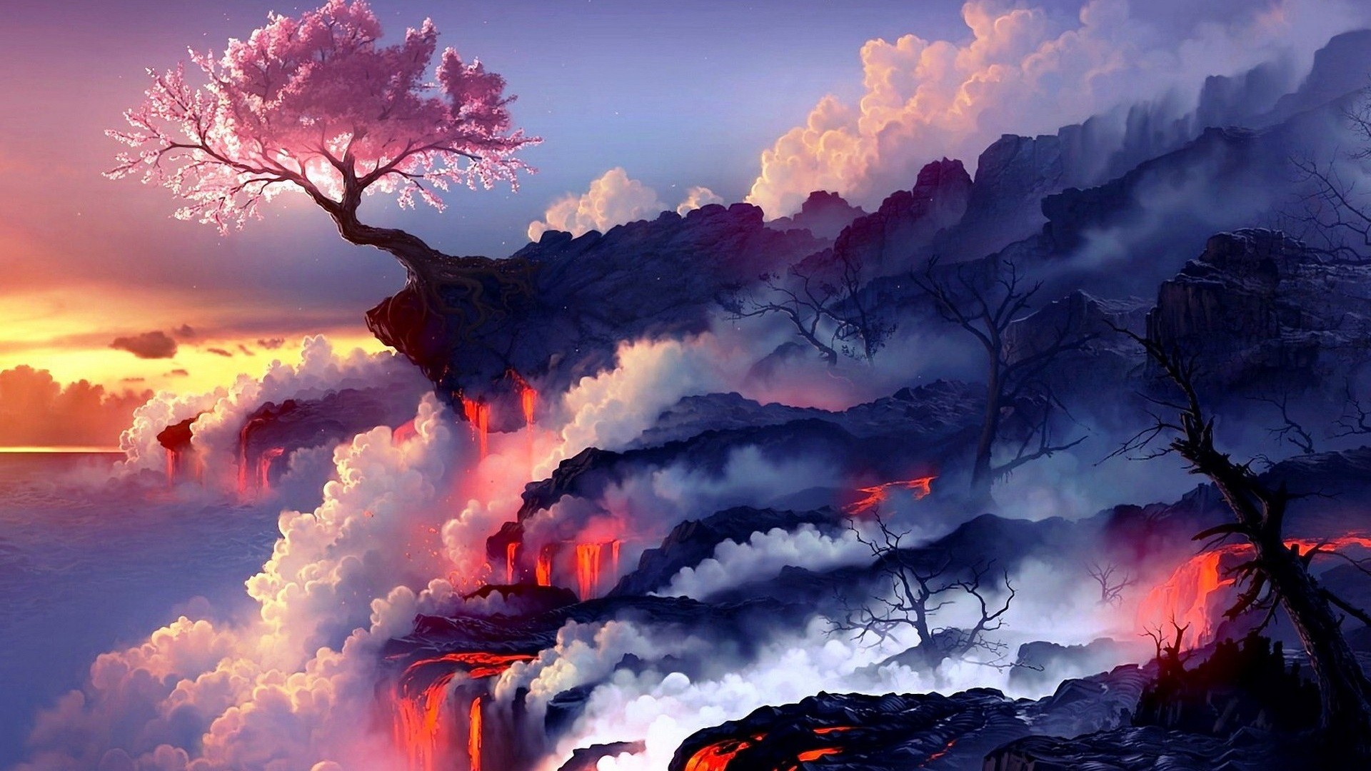 Artwork Nature Landscape Fantasy Art Fire Trees Lava Cherry Blossom Clouds Smoke Digital Art Album C 1920x1080