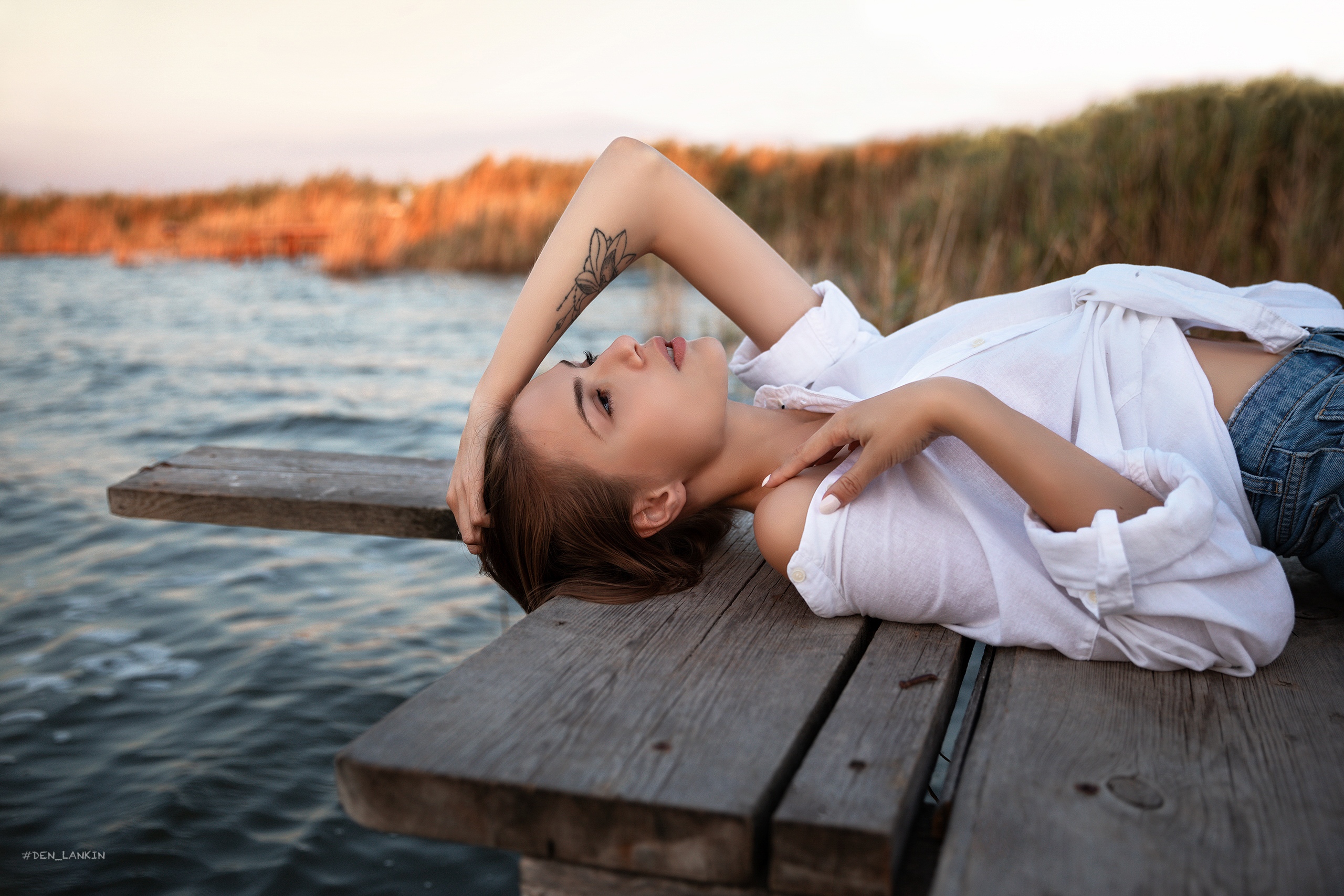 Women Model Brunette Looking Up Profile Hand On Head Painted Nails Shirt Tattoo Side View Dock Water 2560x1707