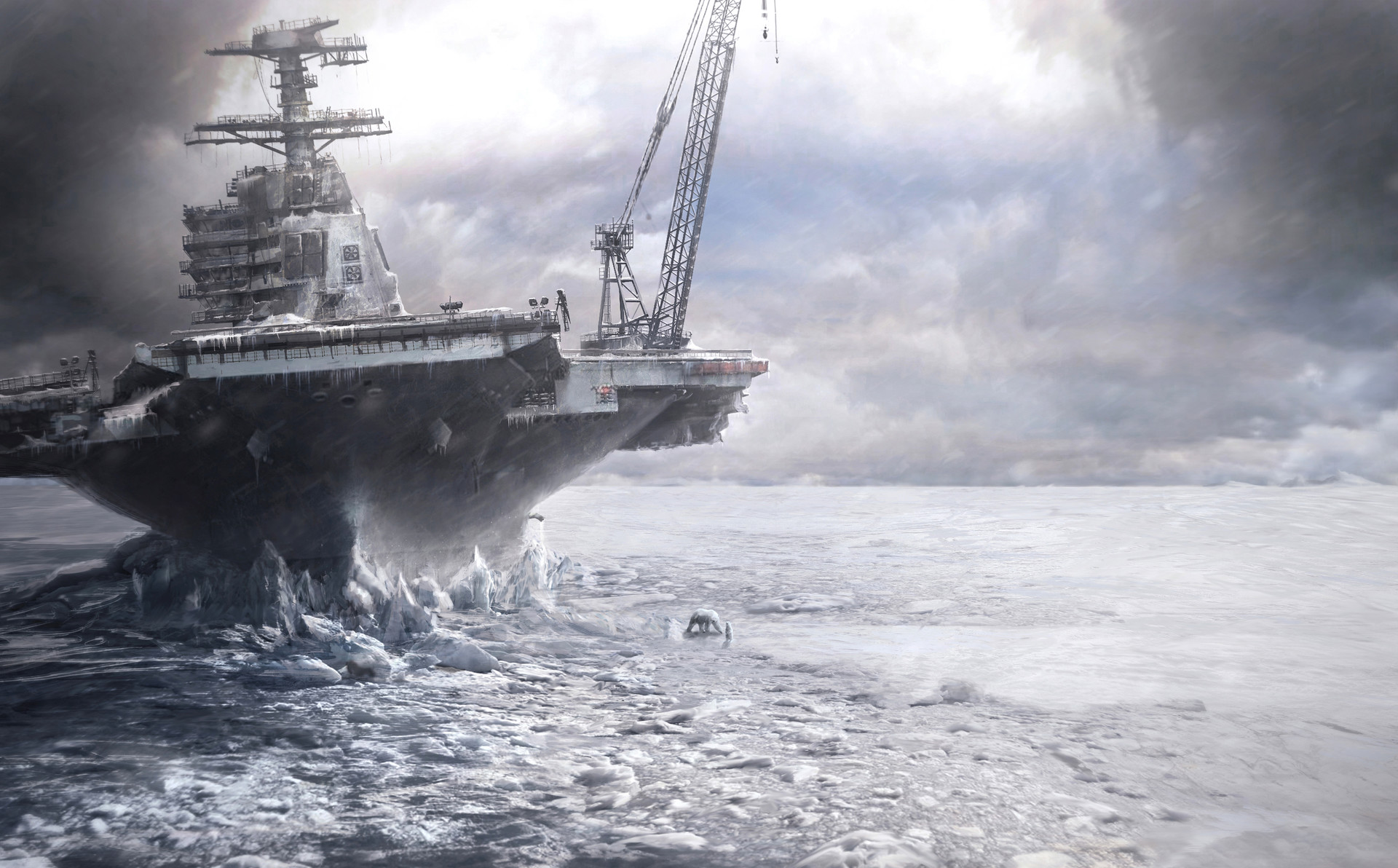 Digital Art Viktor Poda Battleships Arctic Ice Polar Bears Cranes Machine Frost Clouds 1920x1192