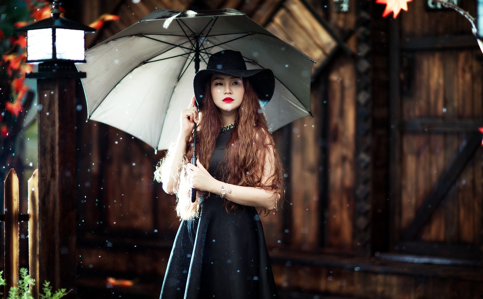Asian Umbrella Women Model Brunette Standing Hat Millinery Black Dress Looking Away 2048x1270
