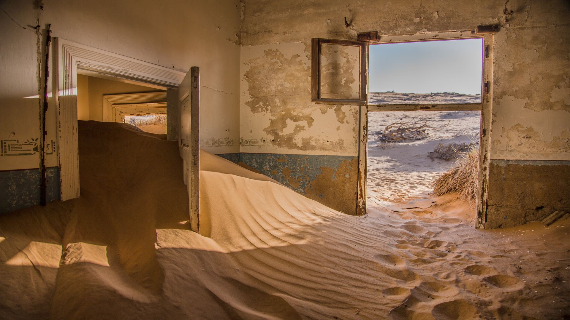 Sand Desert House Namibia Abandoned Ruin Indoors Dust Brown Door Sunlight 1920x1080