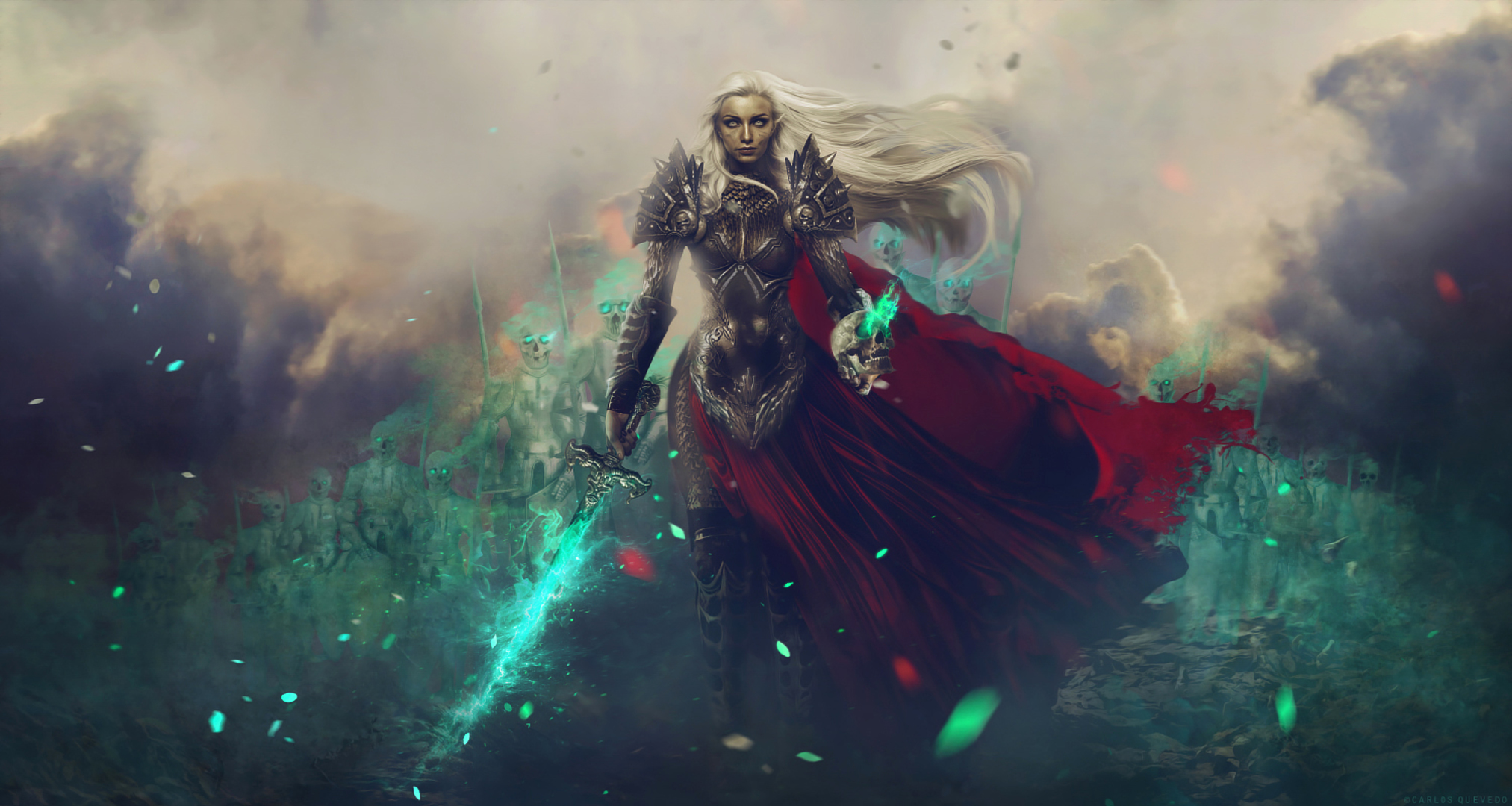 Carlos Quevedo Drawing Women Silver Hair Long Hair Straight Hair Wind Armor Warrior Undead Cape Red  2025x1080