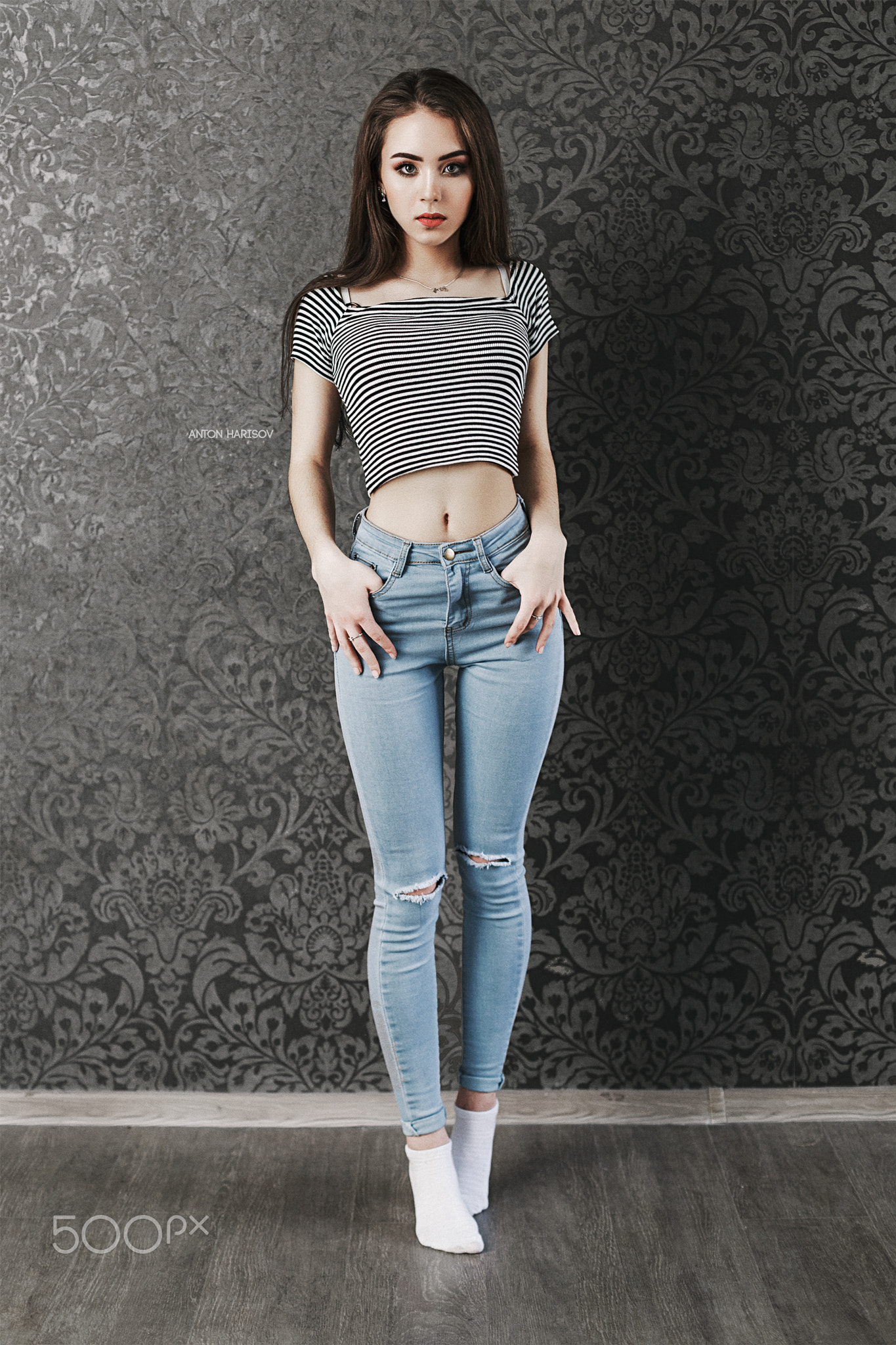 Standing Women Jeans Model Anton Harisov Women Indoors Brunette Socks 500px Skinny Tank Top Looking  1365x2048
