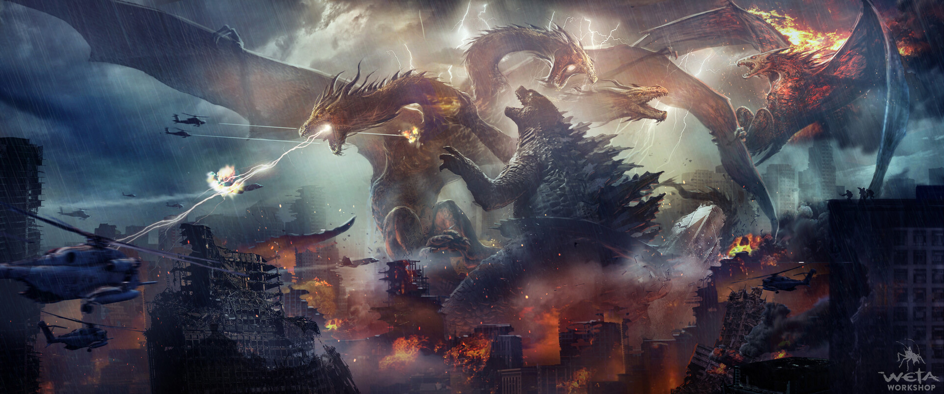Godzilla Godzilla King Of The Monsters Kaiju Artwork Weta Workshop King Ghidorah Rodan Military Airc 1915x800