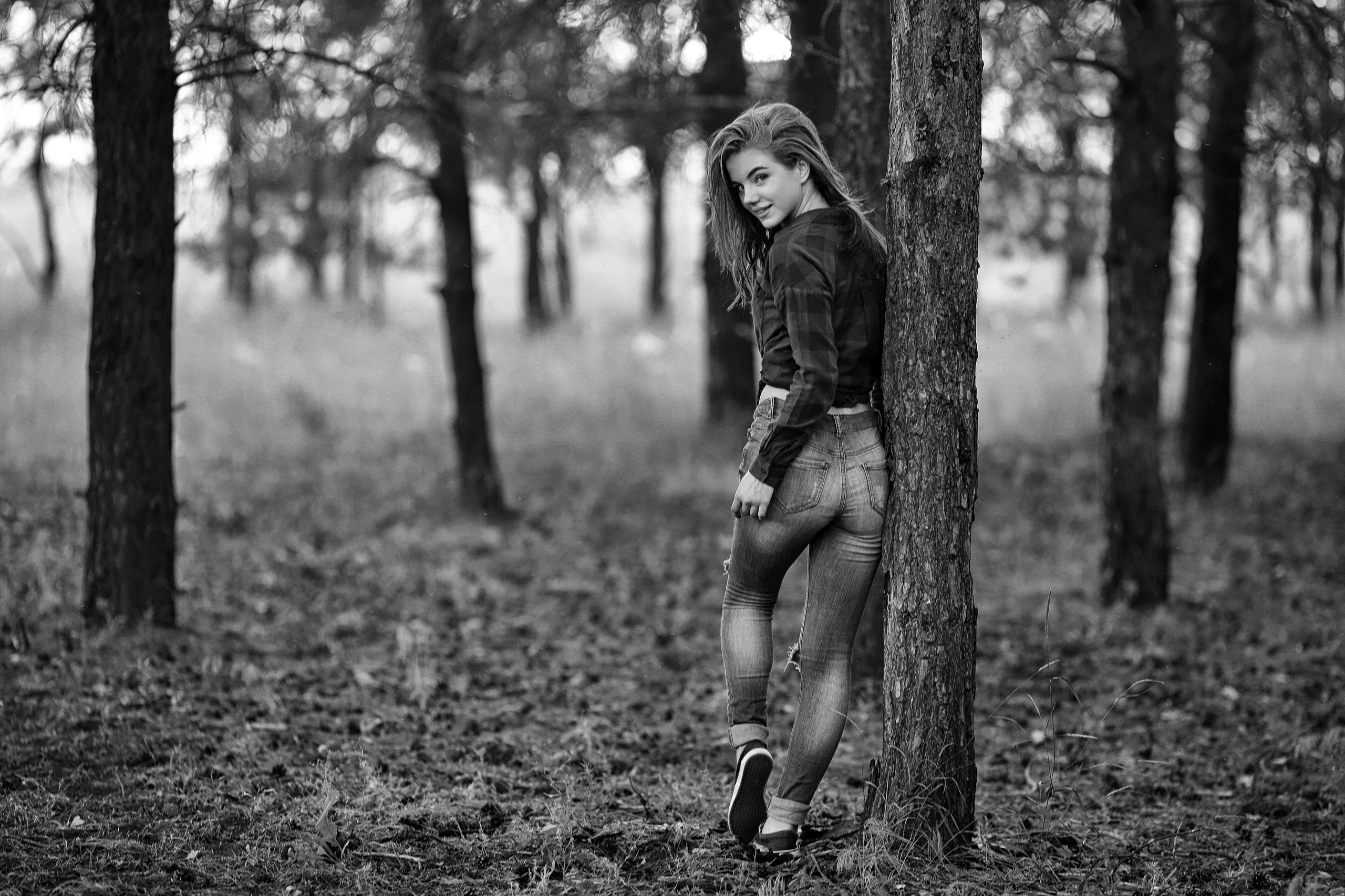 Murat Kuzhakhmetov Trees Women Women Outdoors Looking At Viewer Shirt Smiling Long Hair Model Jeans 2560x1707