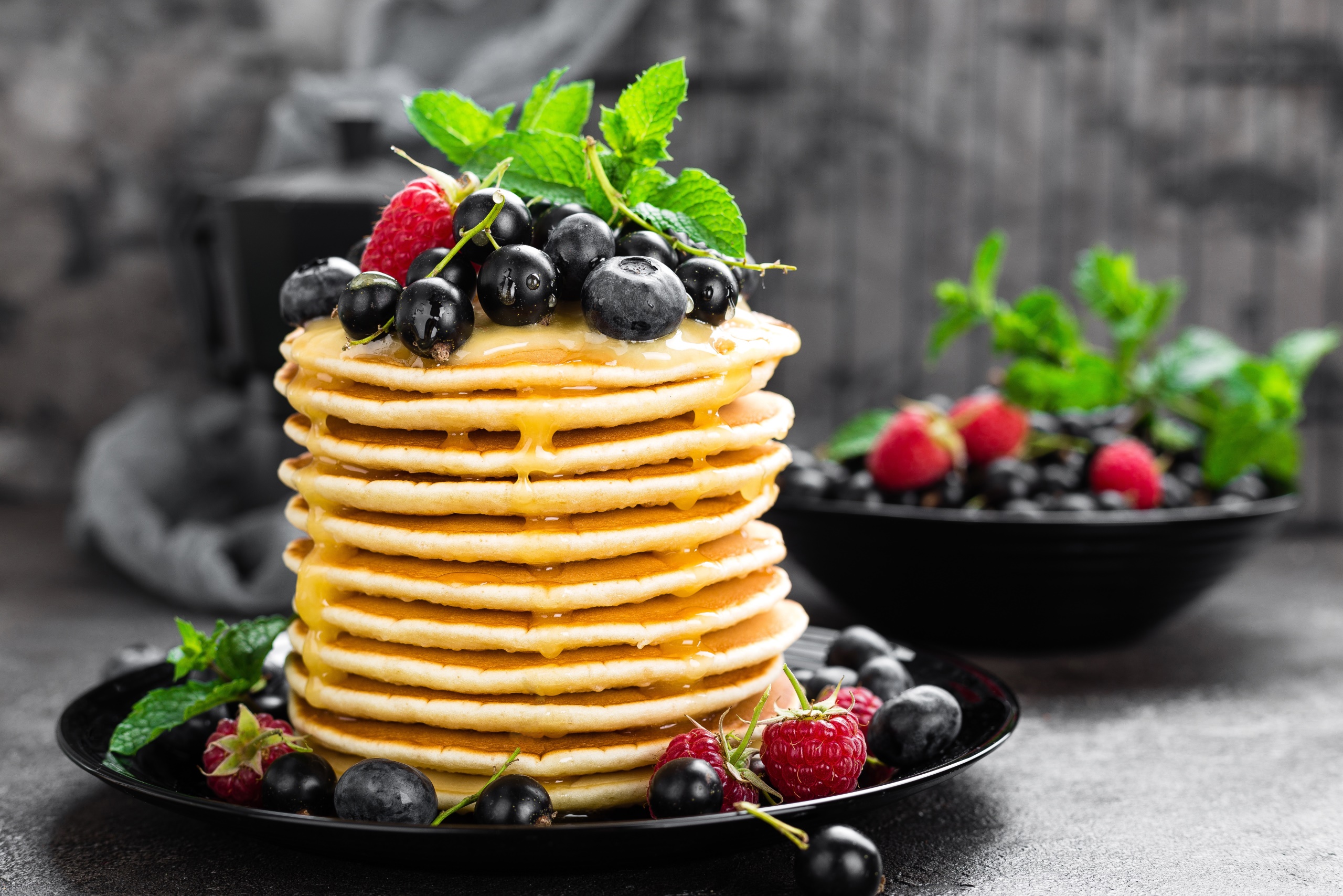 Pancakes Food Sweets Fruit Berries Blueberries Raspberries Mint Leaves Syrup 2560x1707