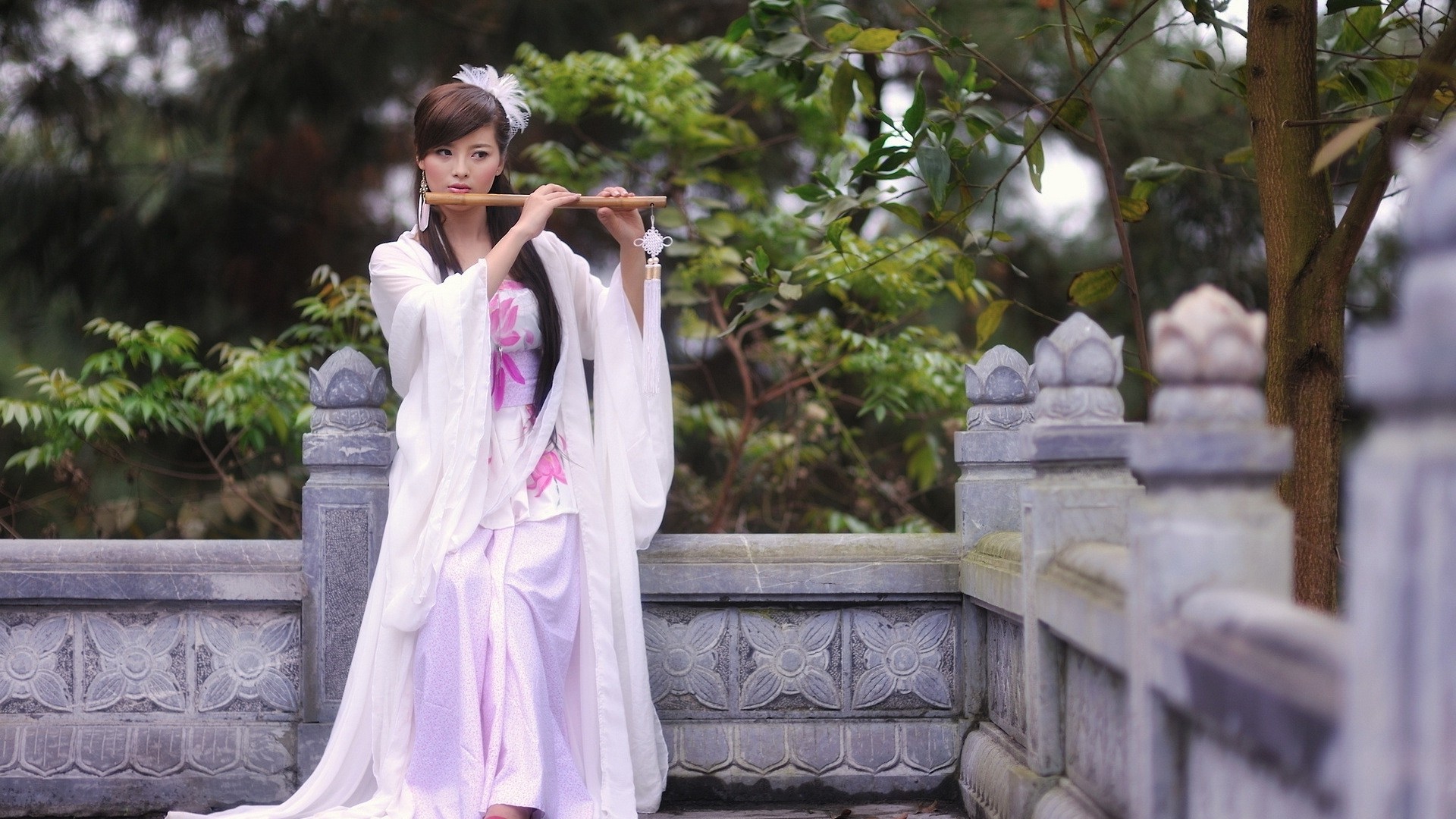 Women Model Brunette Long Hair Asian Women Outdoors Musician Flute White Dress Trees Playing Barrett 1920x1080