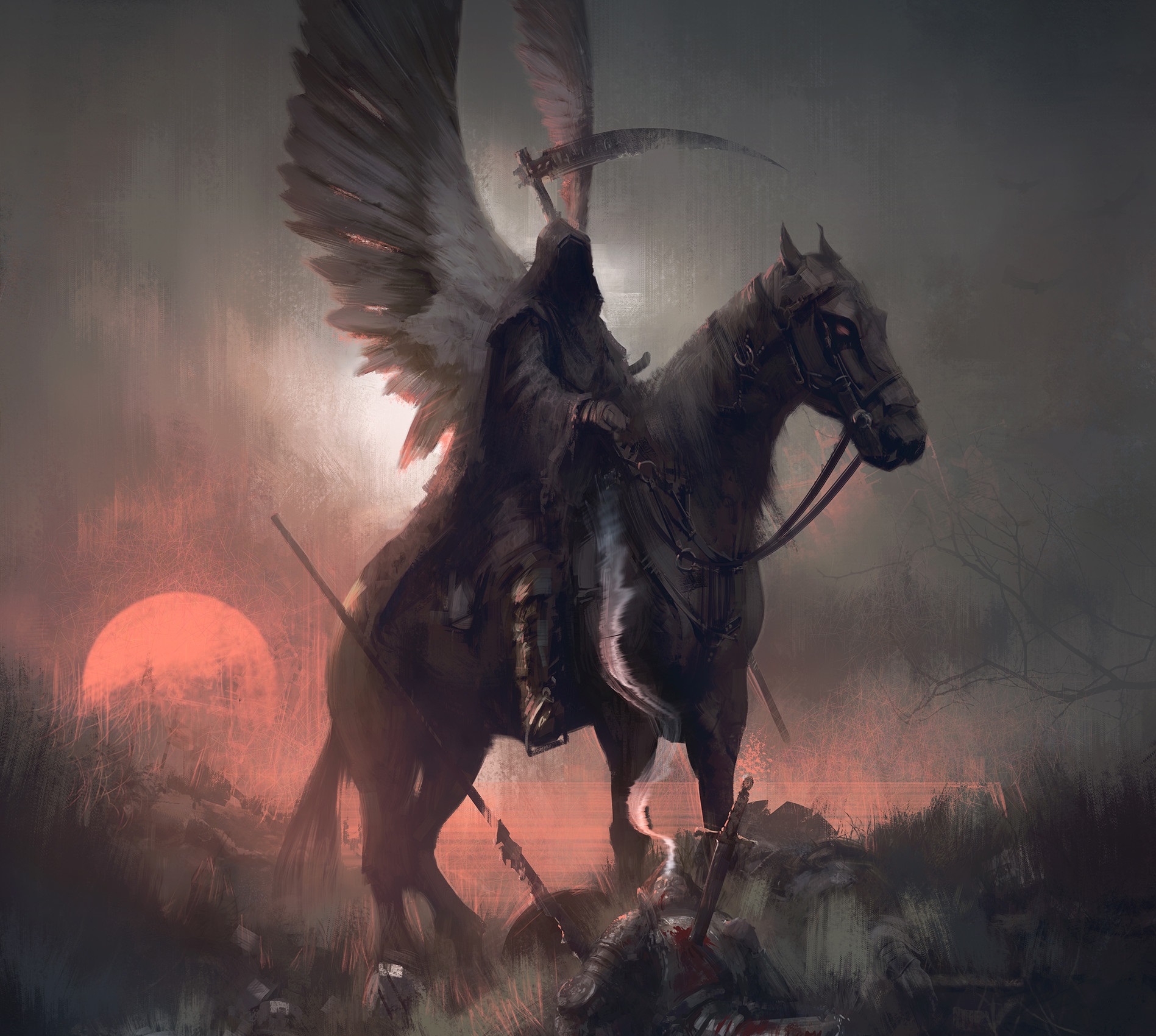 Digital Art Warrior Horse Sunset Wings Dark Fantasy Sword Joakim Ericsson 1897x1700