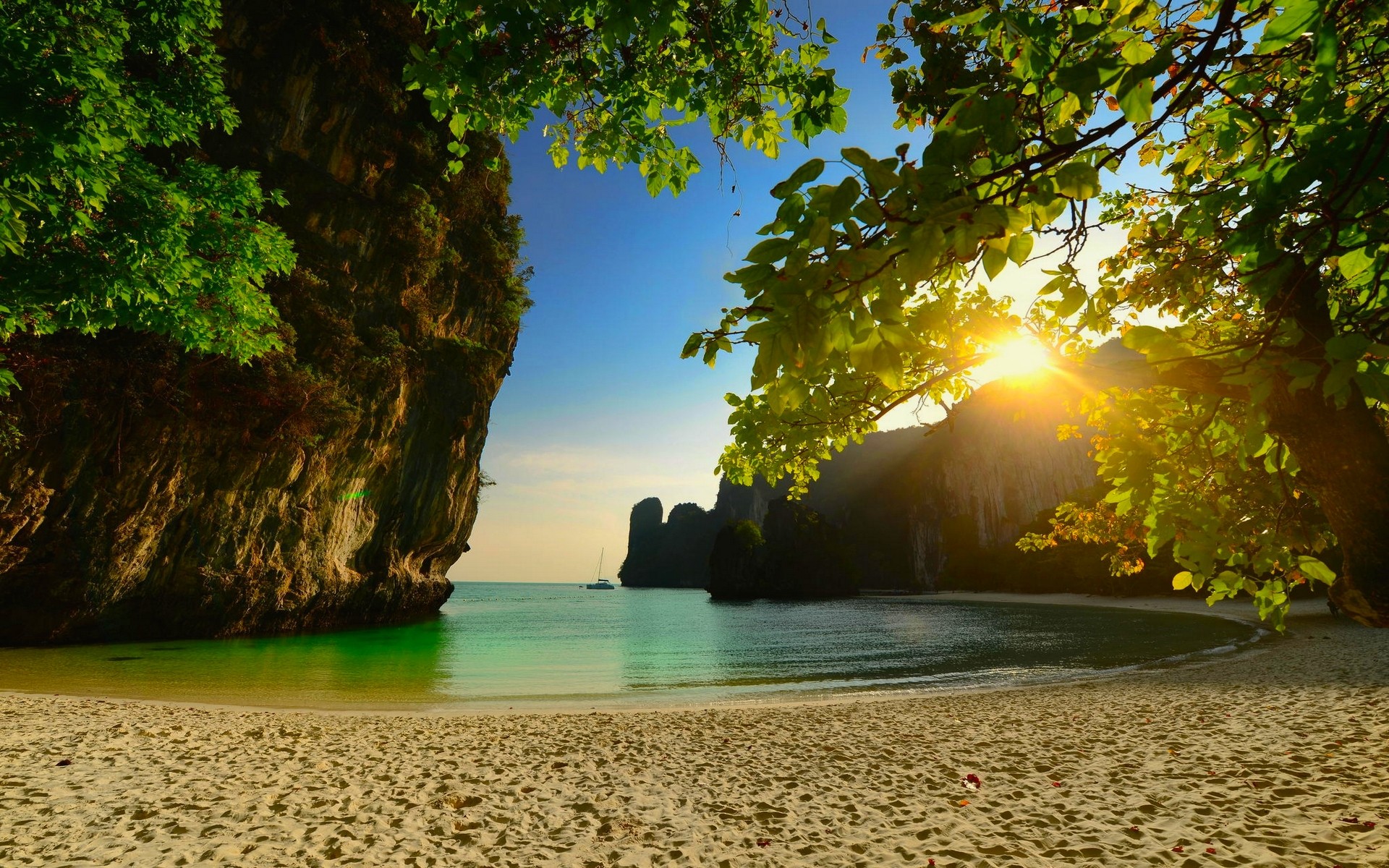 Nature Landscape Beach Thailand Sunset Island Sea Sand Tropical Trees Limestone Rock 1920x1200