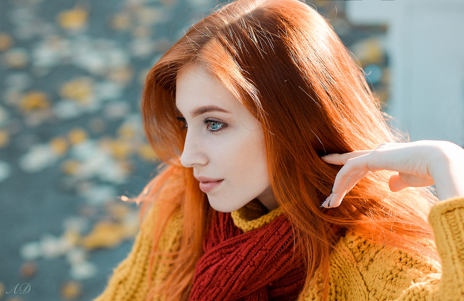 Dmitry Levykin Women Redhead Blue Eyes Long Hair Sweater Scarf Side View Profile Sunlight Portrait 1500x974