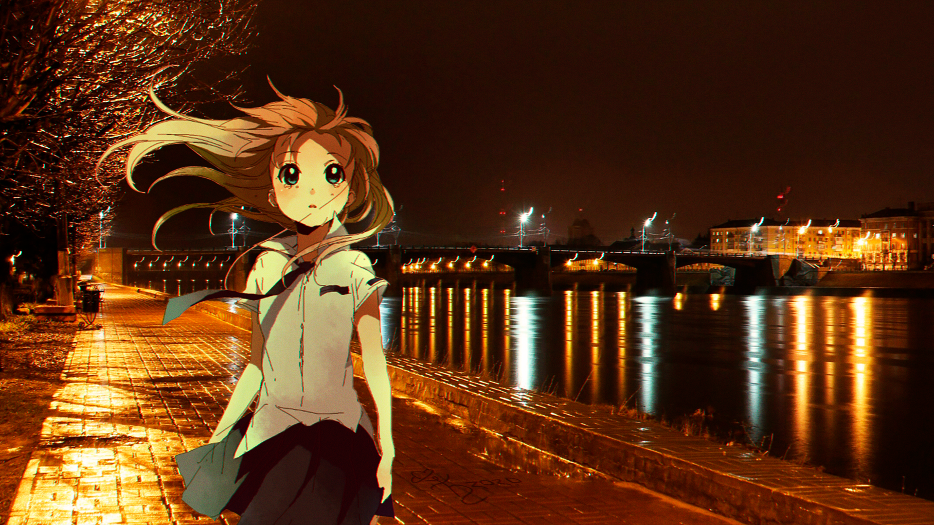 Anime Anime Girls Anime Irl Russia Promenades Night Lights River City 1920x1080