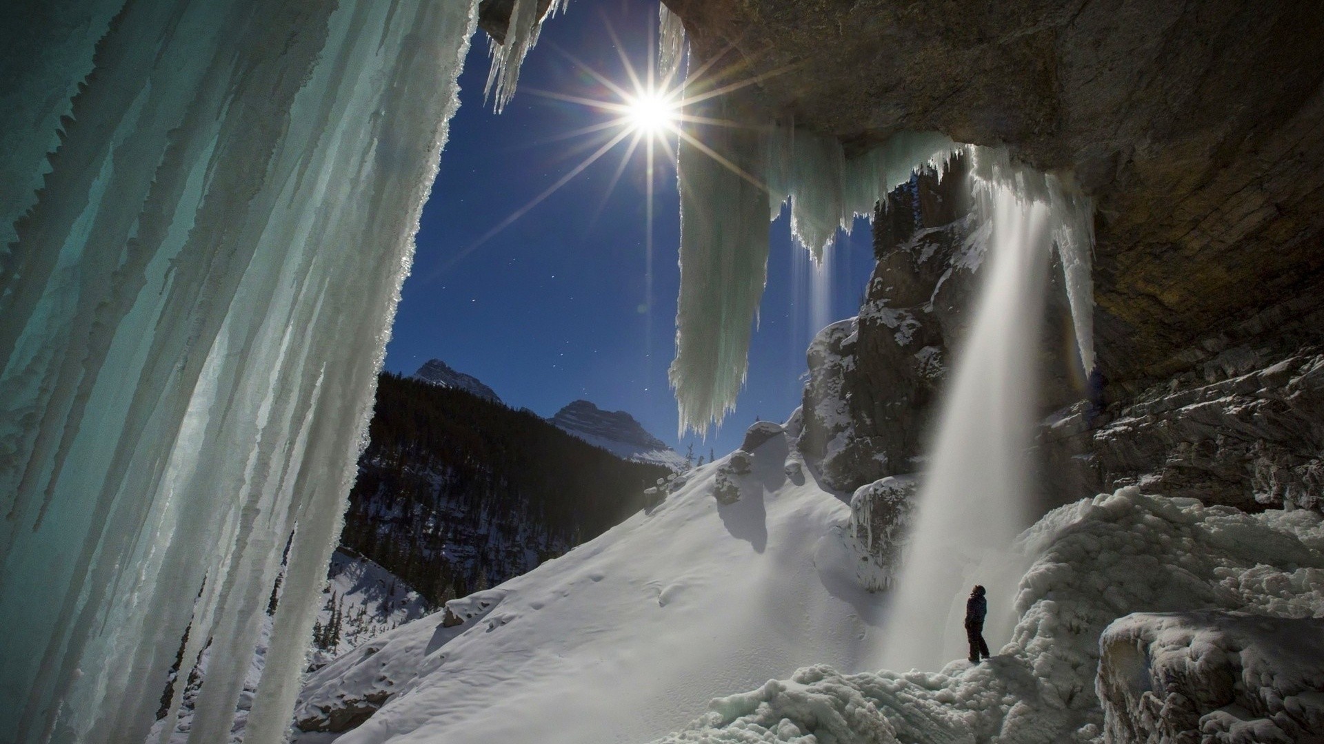 Nature Landscape Mountains Winter Snow Ice Icicle Men Climbing Sun Rays Trees Forest Waterfall Long  1920x1080