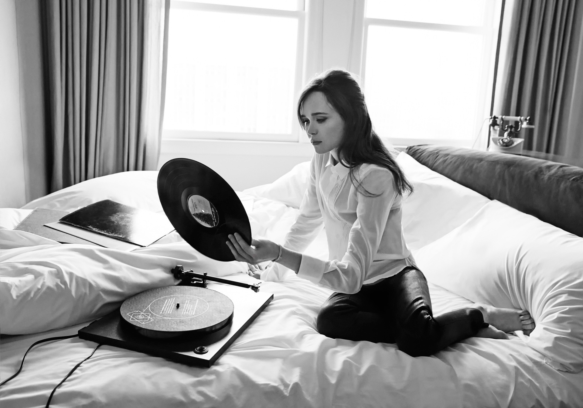 Women Monochrome Dark Hair In Bed White Shirt Pants Turntables Ellen Page Profile 1920x1343