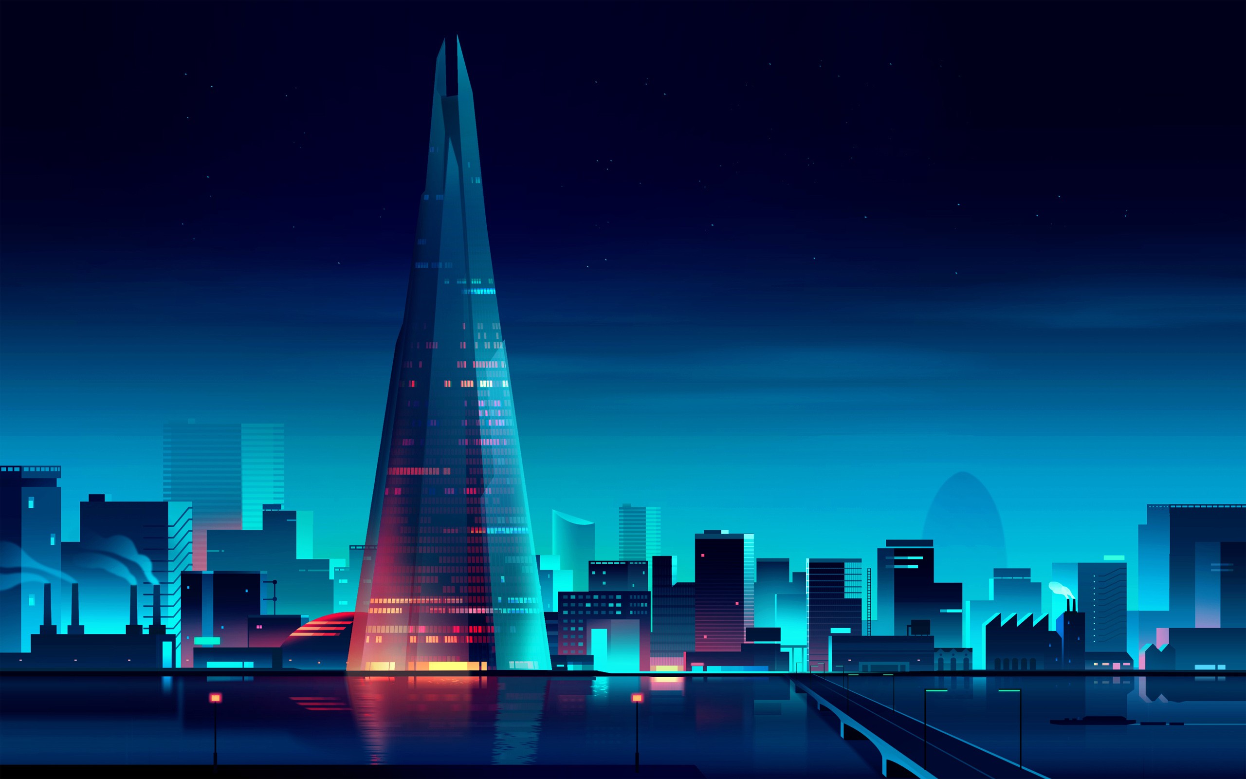 Digital Art Artwork Architecture Building Skyscraper Water Bridge Night Lights Stars Cityscape Refle 2560x1600