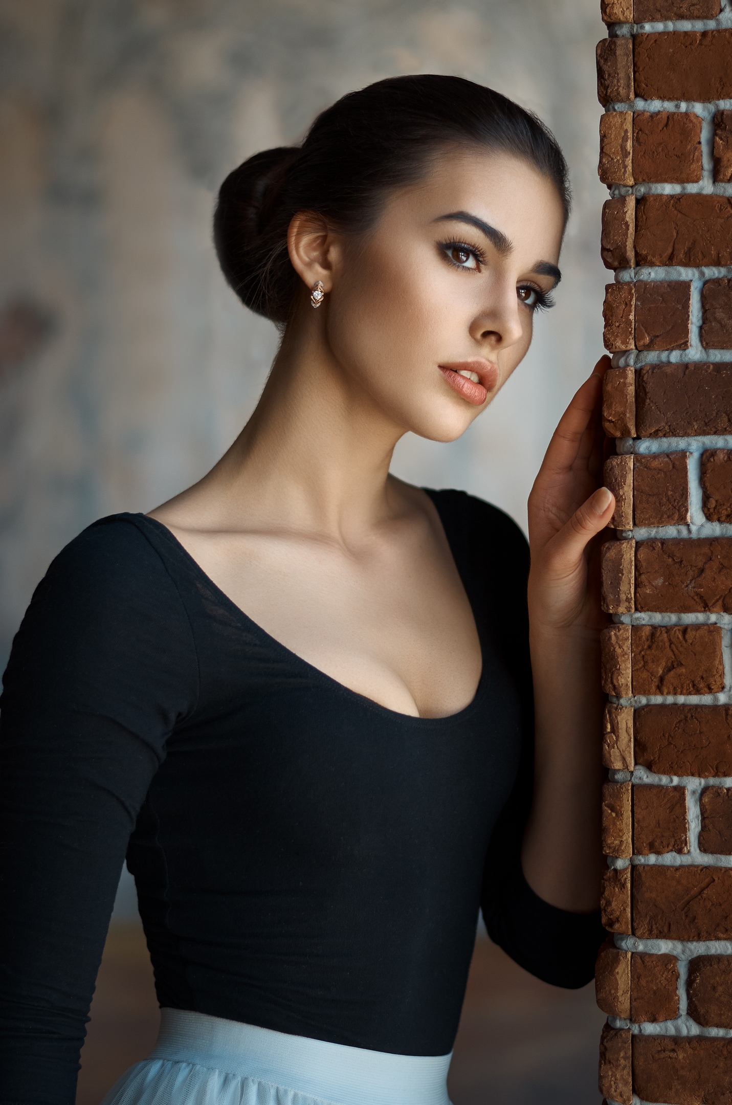 Women Model Portrait Artemy Mostovoy Brunette Hairbun Black Dress Long Eyelashes 1431x2160