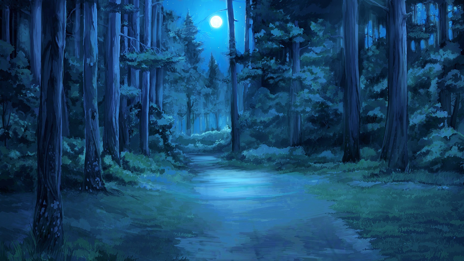 Everlasting Summer Moon Moonlight Forest Clearing Blue Night Path 1920x1080