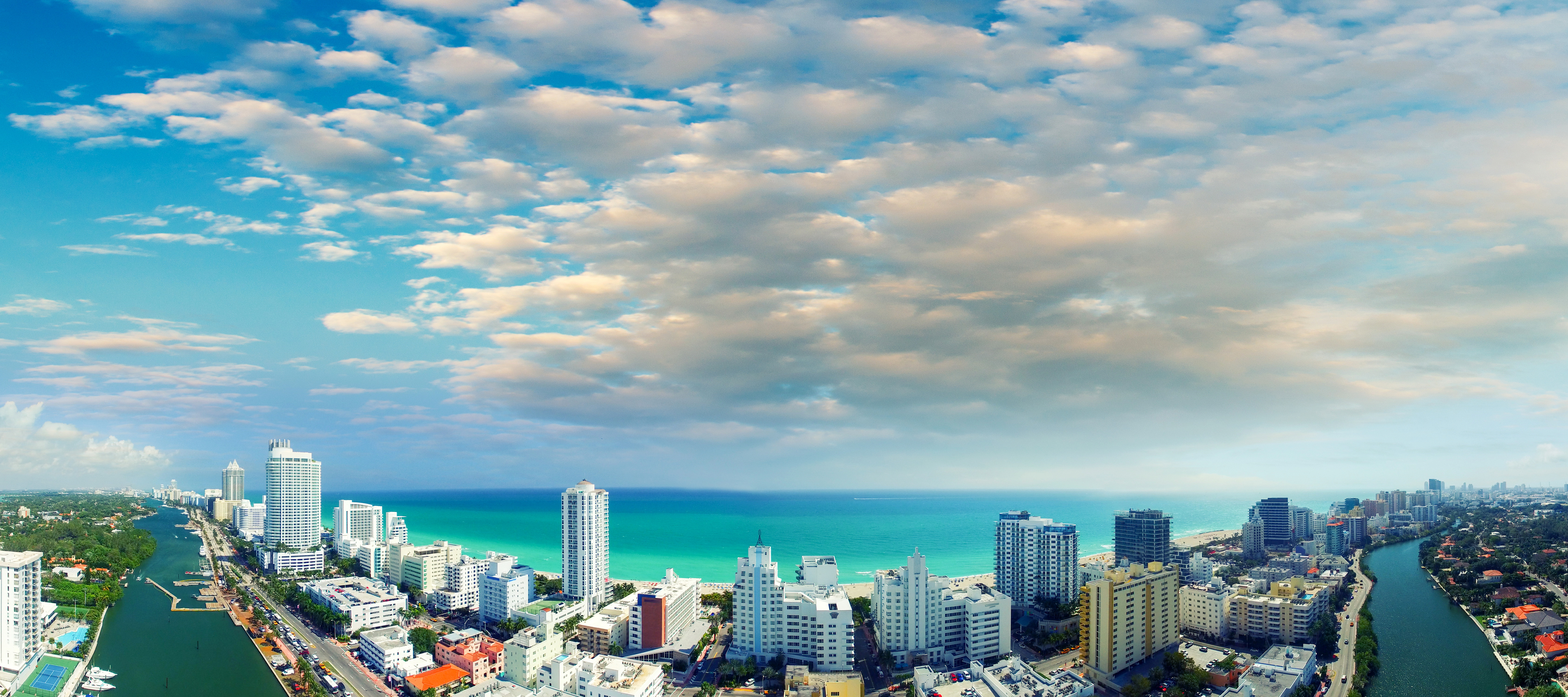 Miami Florida City Cityscape Ocean Sea Horizon 6750x3000