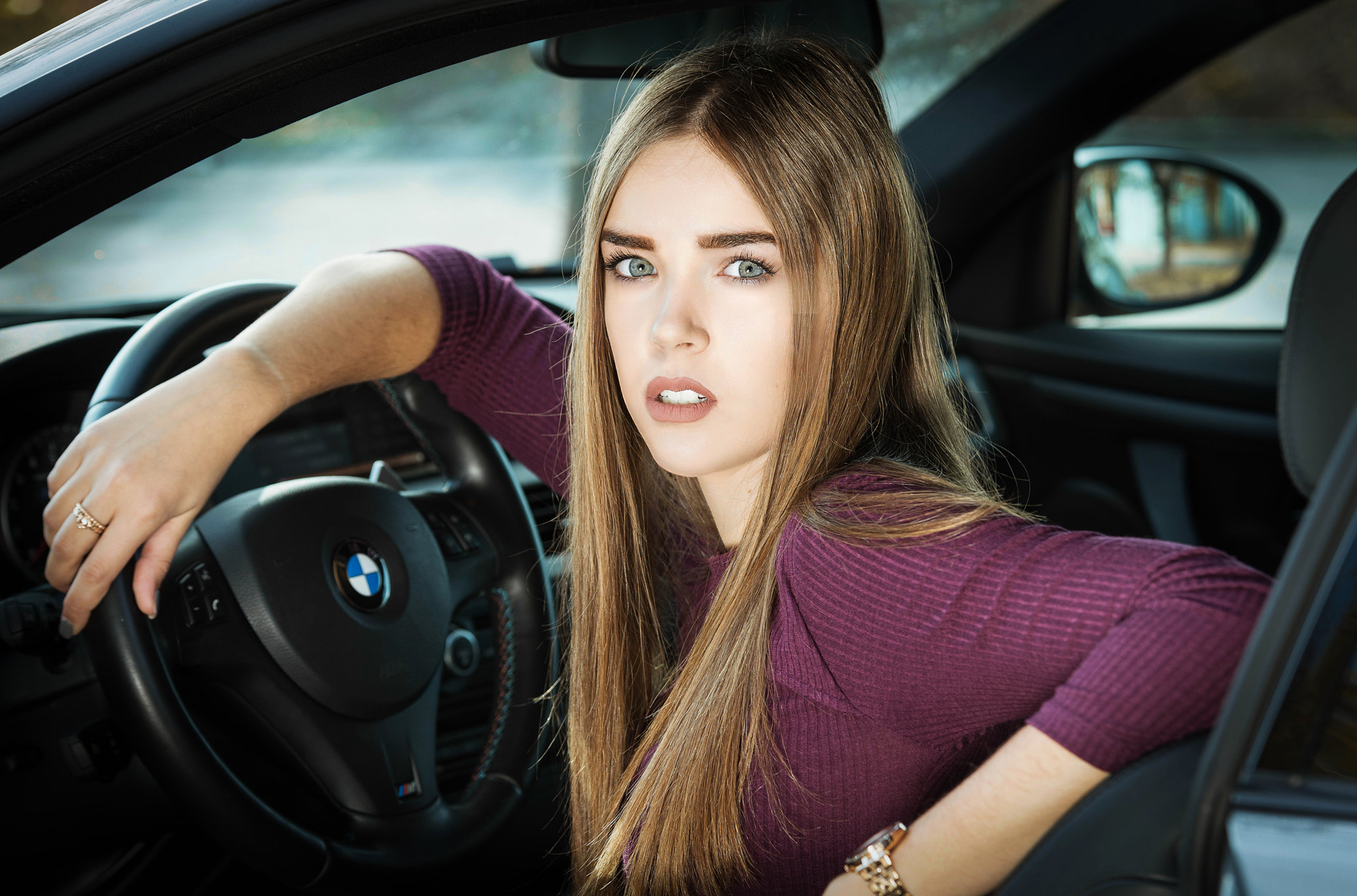 Women Blonde Portrait BMW Women With Cars Sitting BMW E90 Long Hair Car Interior Inside A Car Sweate 2048x1352